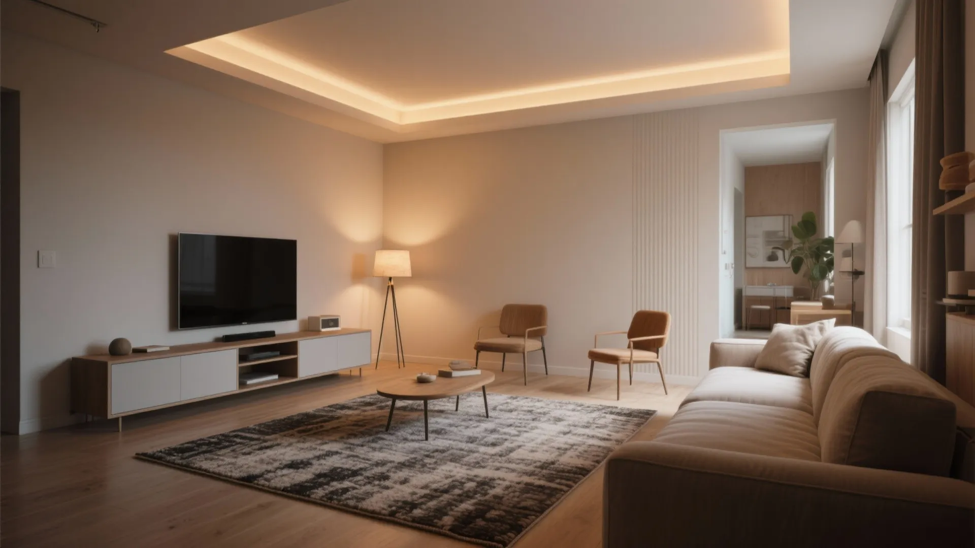 3. Zone with rugs, light, and low-profile pieces