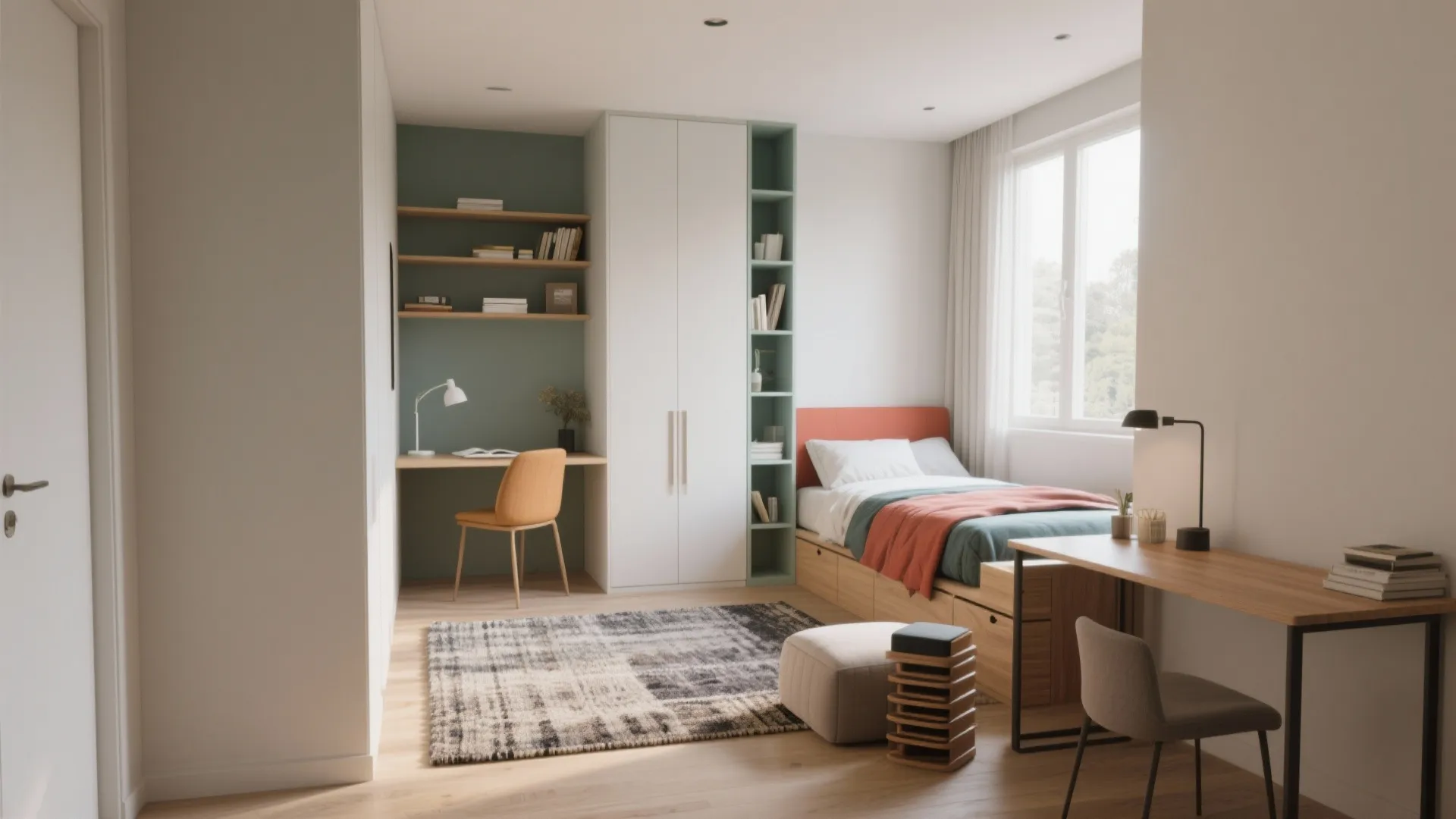 Modern bedroom with separate study desk white wardrobe single bed and large window with light