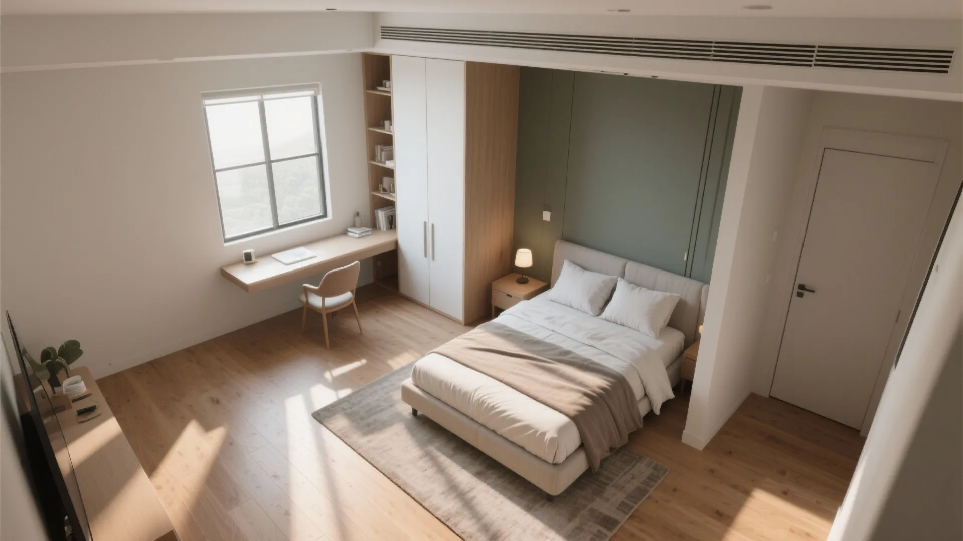 Modern bedroom with a white wardrobe green wall desk by window wood floor and bed