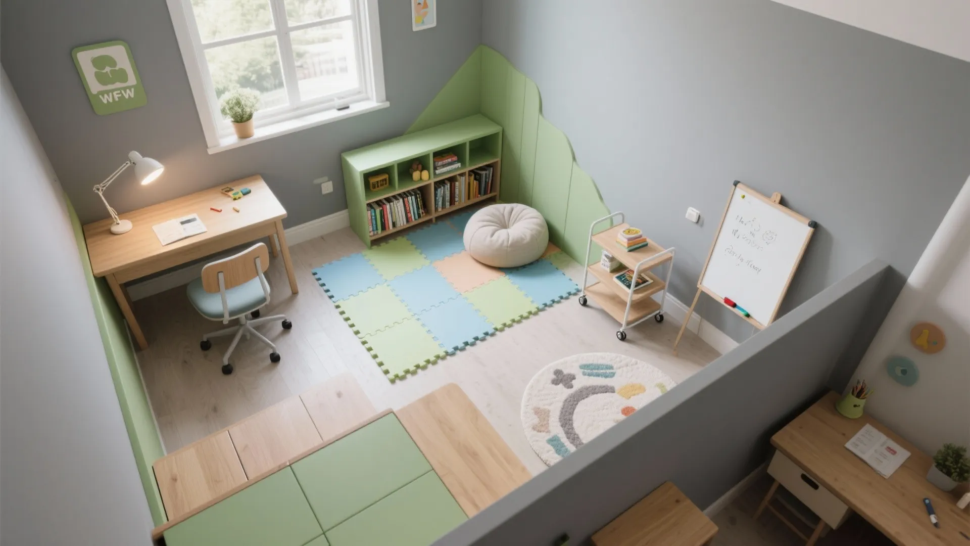 Zoned play-study layout with soft flooring