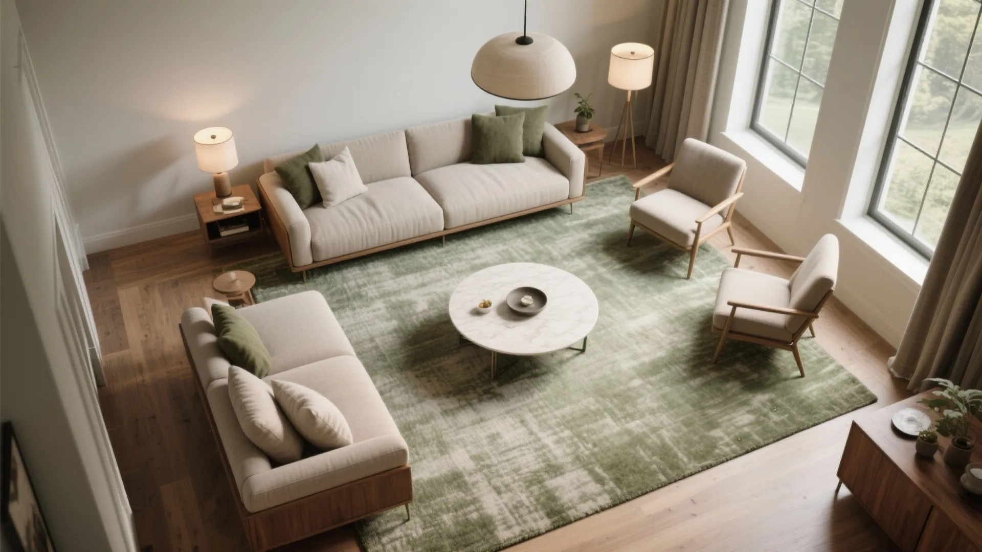 Low, grouped furniture zones and generous rugs that ground height
