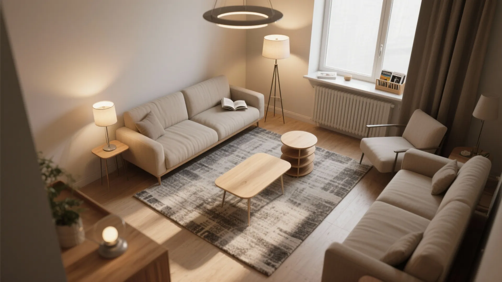 Define zones with rugs, lighting, and slim tables