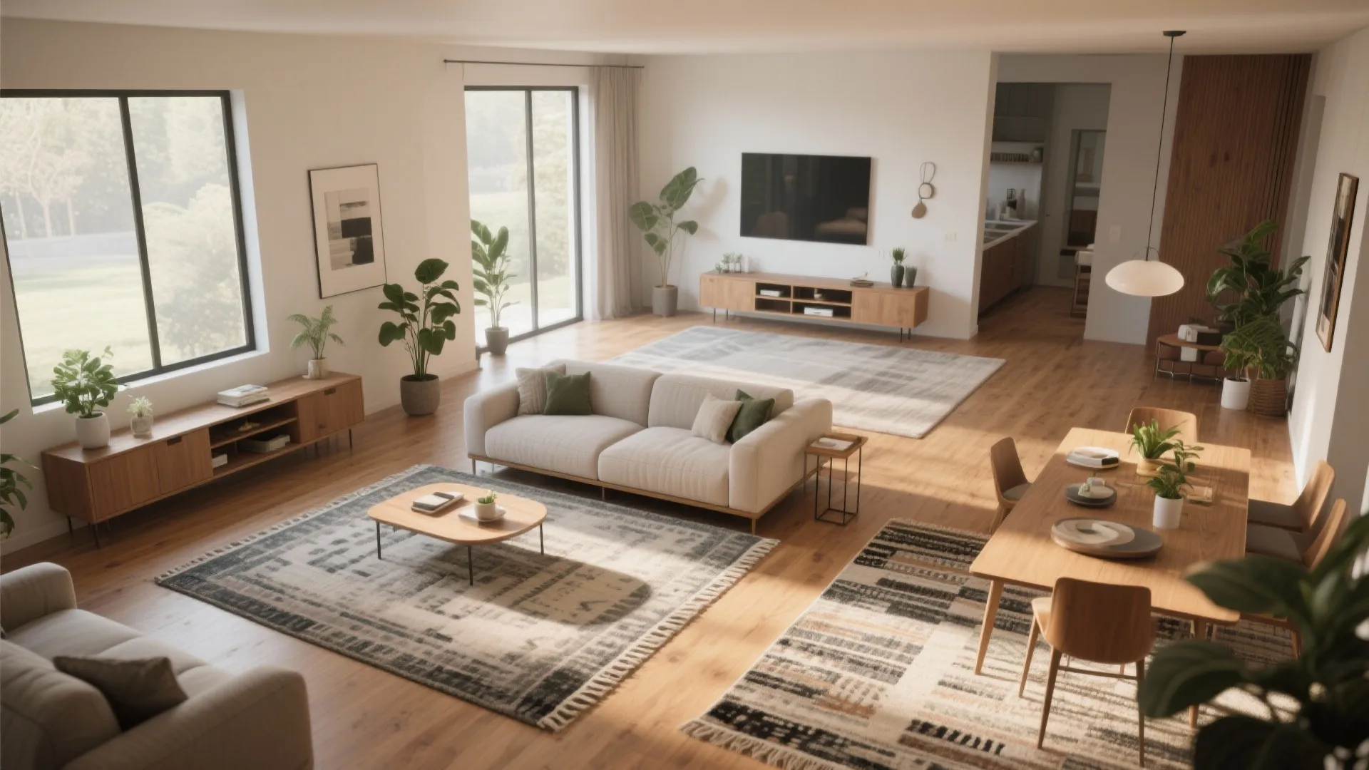 3. Define zones with rugs and furniture arrangement