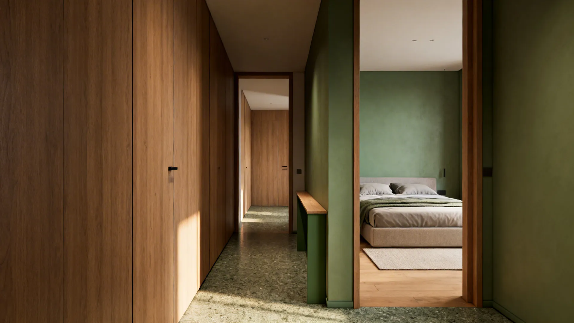 Small room with rug-defined sleeping zone and slim console defining entry area