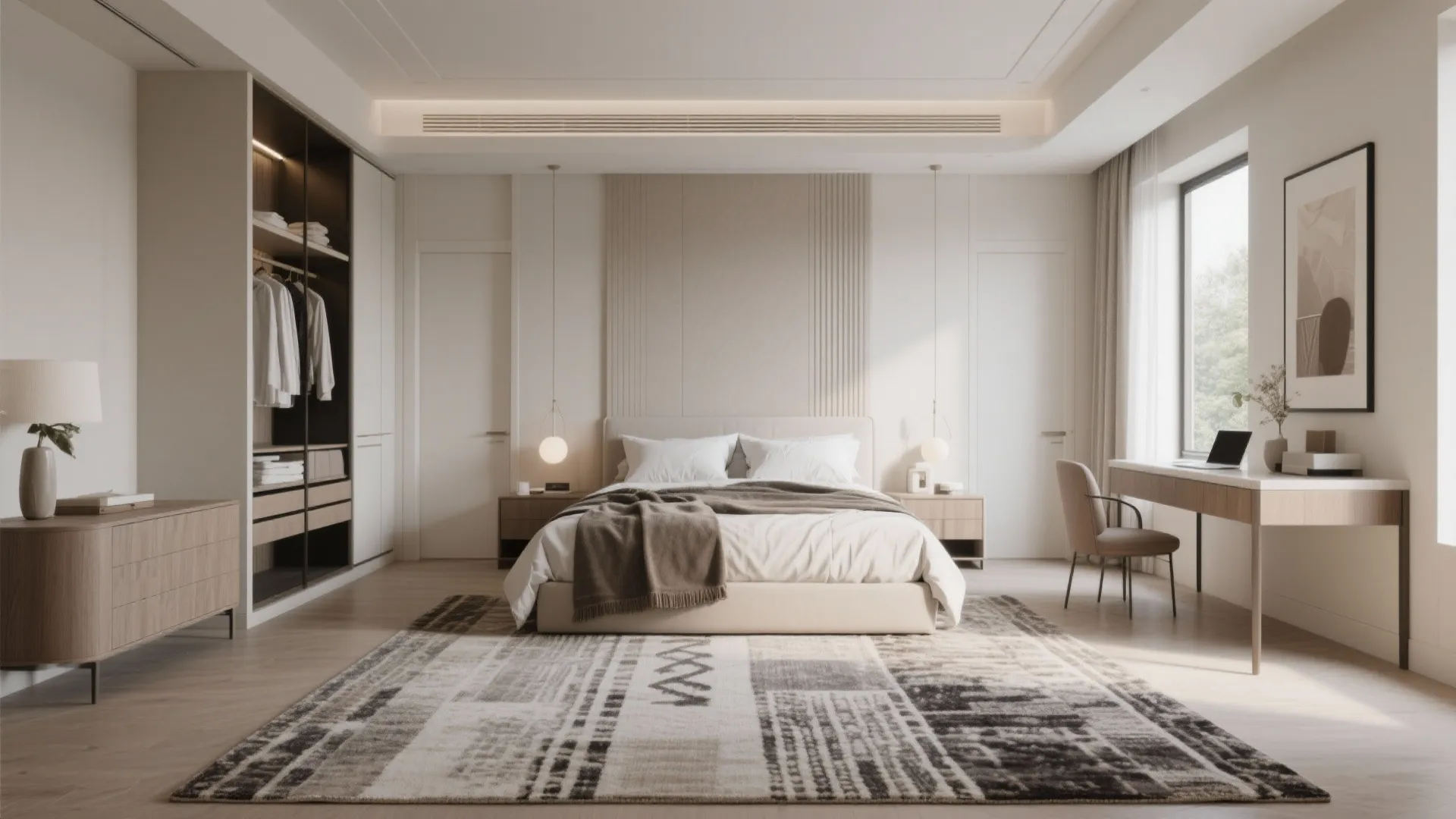Bedroom with multiple functional zones defined by rugs
