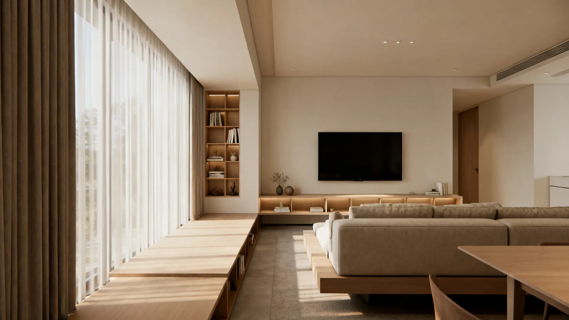 Minimalist living room with a beige sofa wooden platform near window and wall mounted television