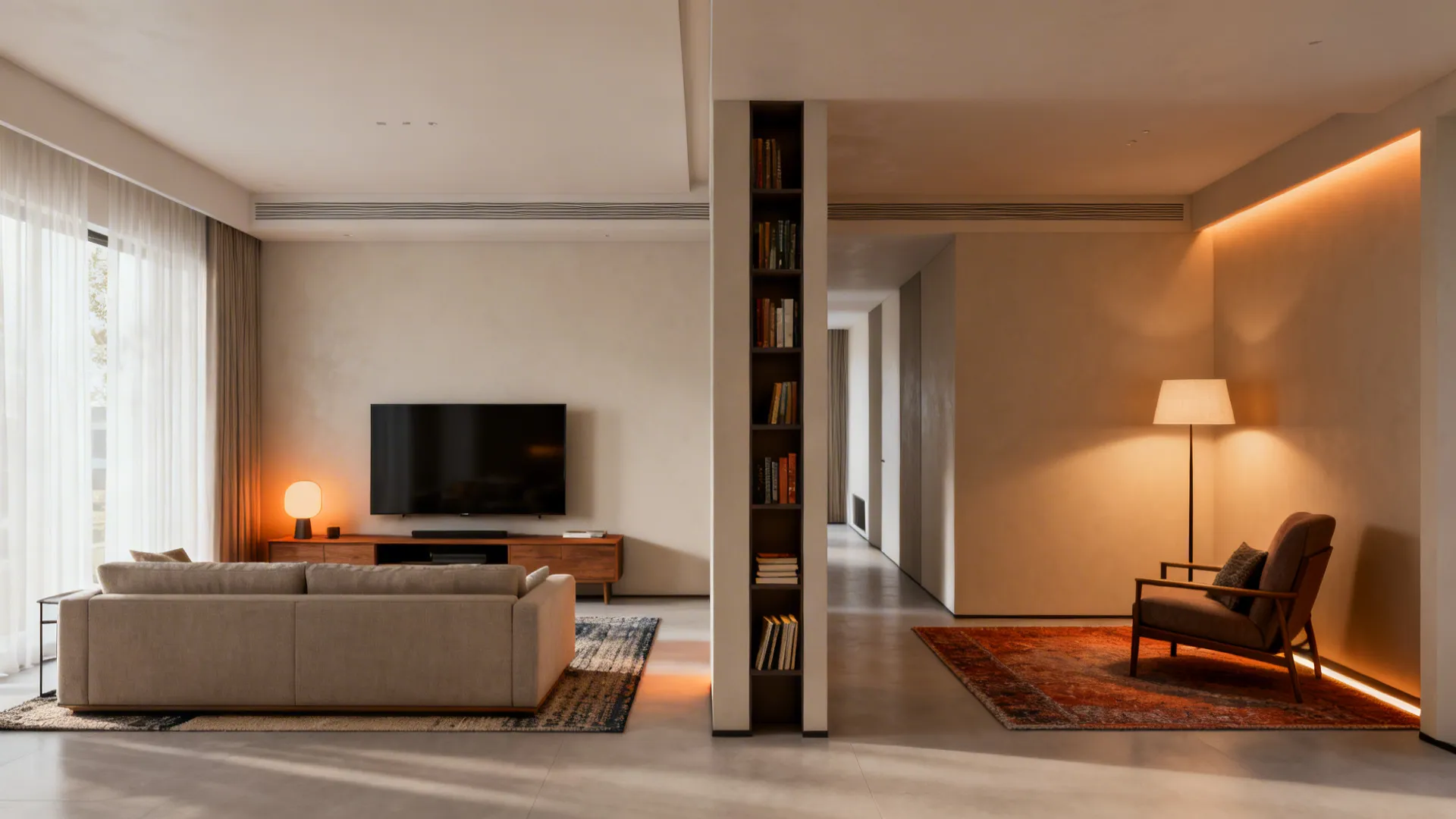 Zoned long living room with a TV lounge and a side reading nook separated by a tall bookcase and unified by shared colors.