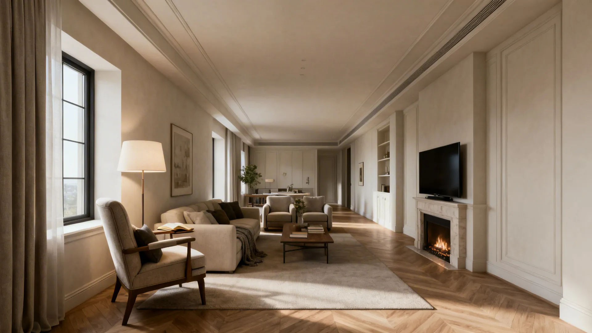 Elegant living room with cream sofa floor lamp wooden floor fireplace and television on the wall