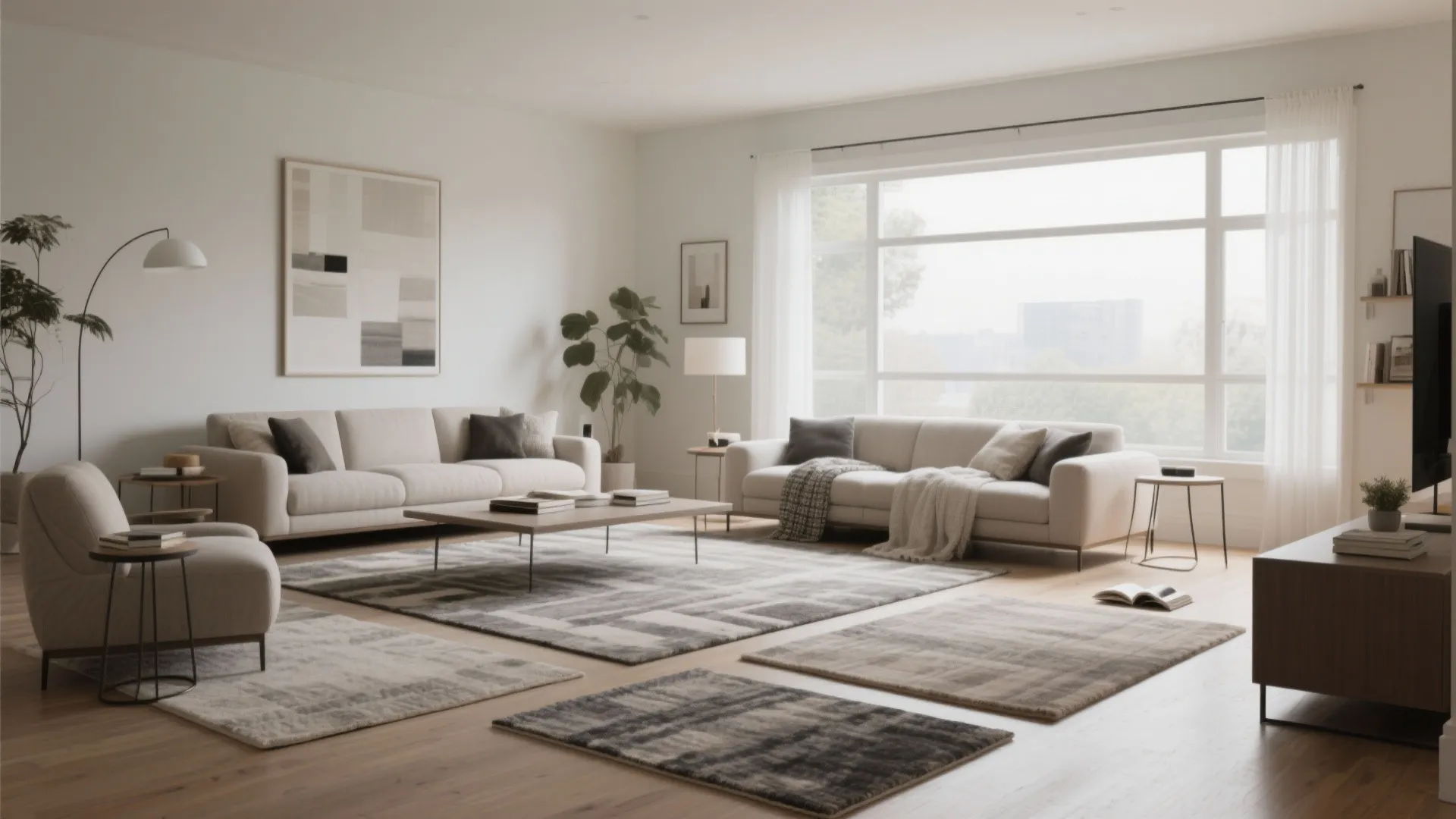 Modern open living area using multiple grey rugs to define different seating and floor zones
