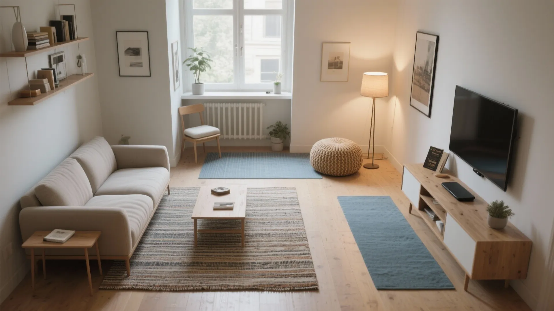 Smart layout: zone the room with rugs and furniture