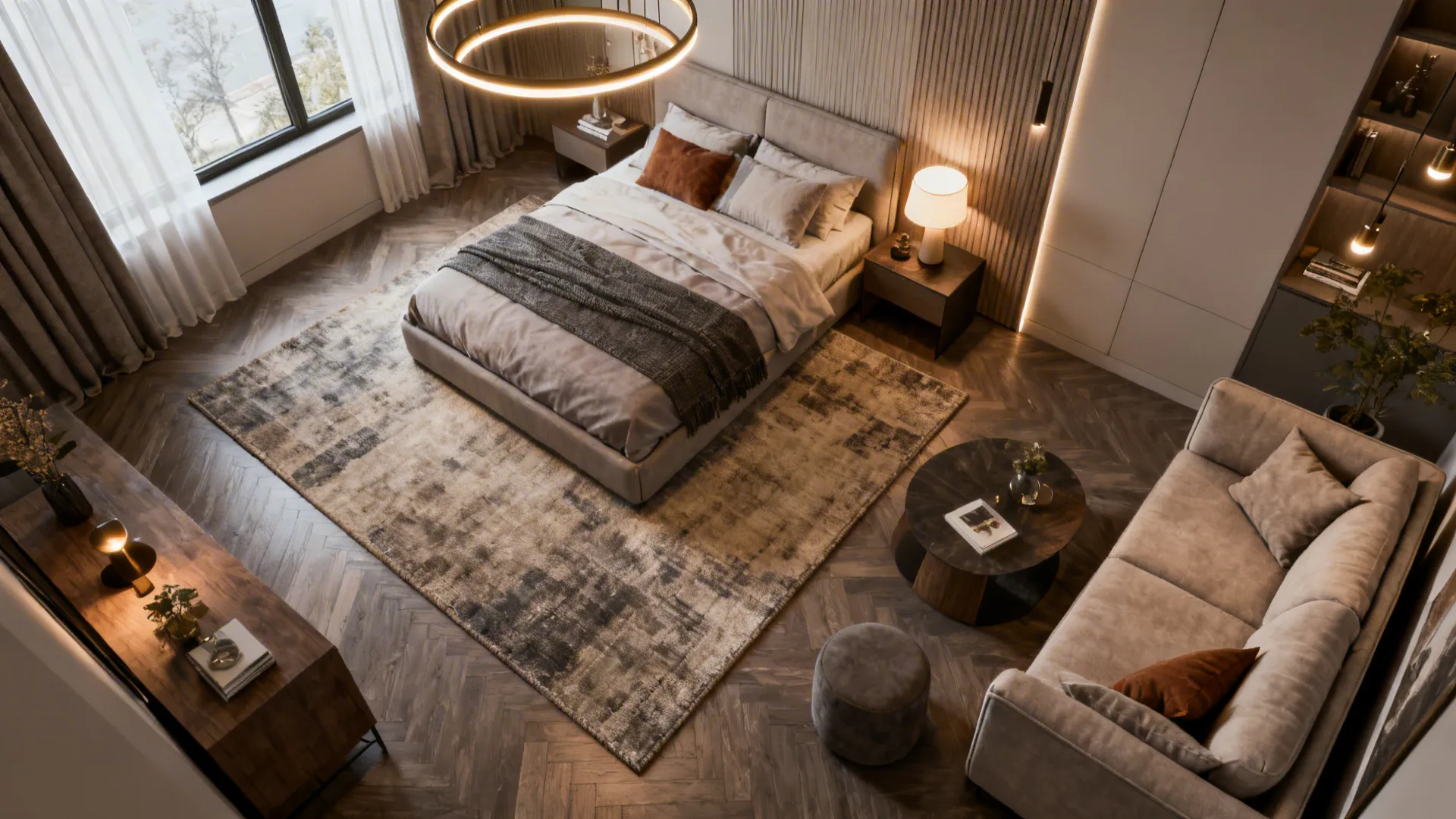 Zoned living and sleeping areas with rugs and layered lighting in a compact studio