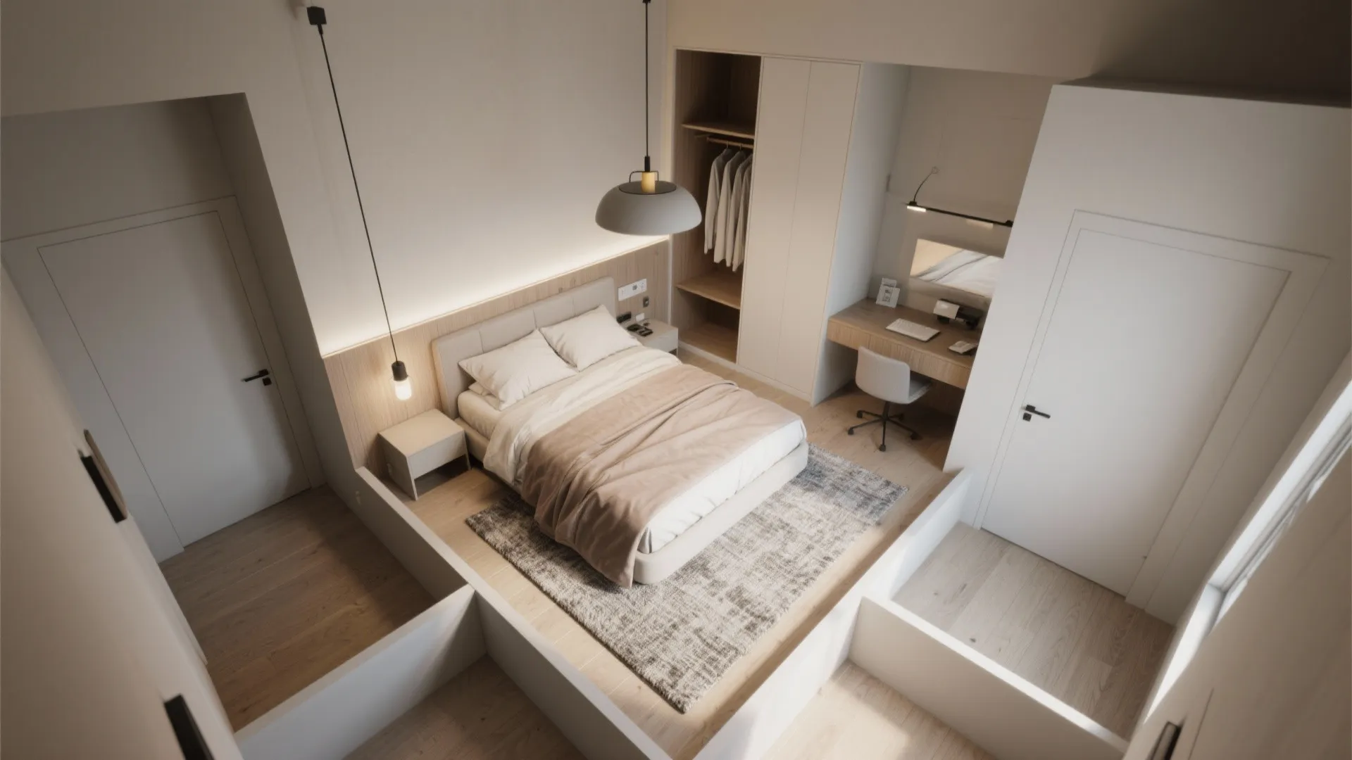 Modern bedroom layout design with bed and desk area viewed from a high top angle