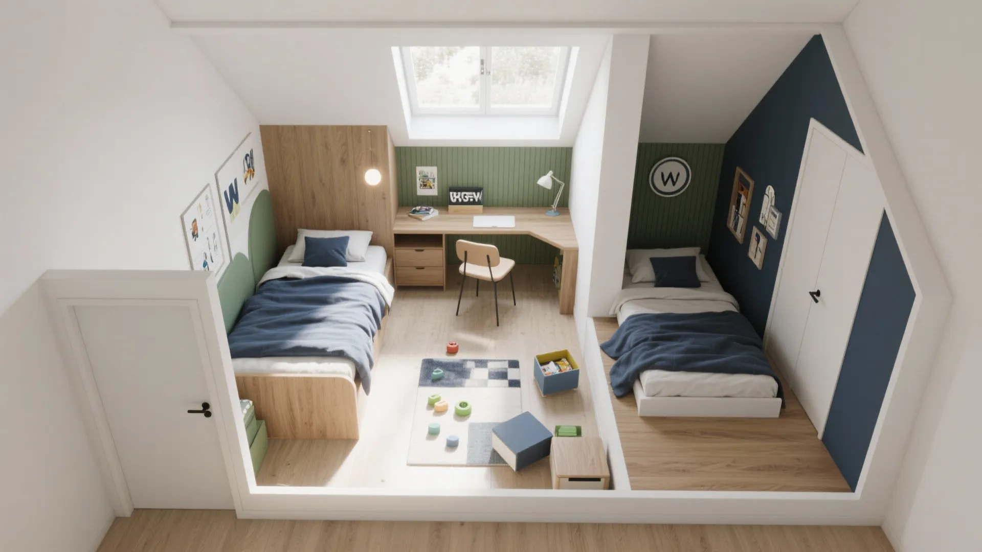 1) Zoned Layout: Sleep, Study, Play