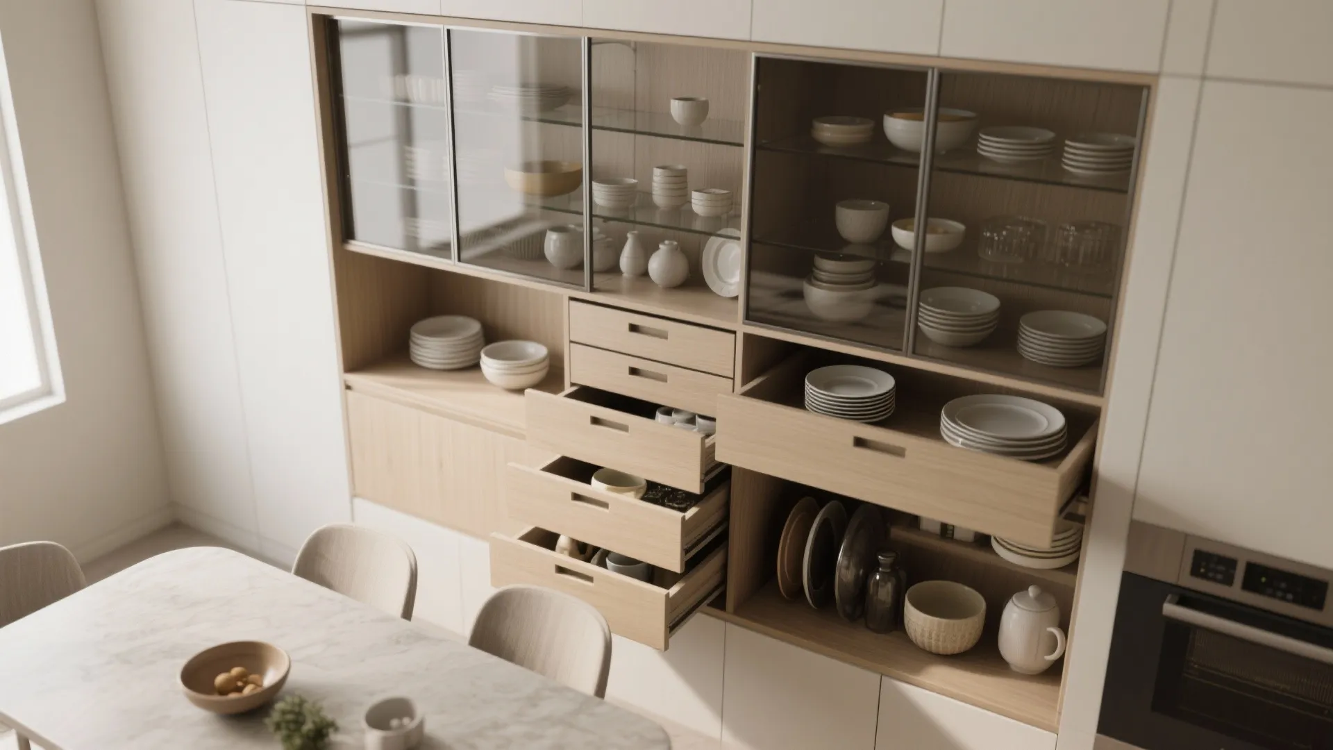 Interior design drawing of a modern kitchen storage system with open drawers and glass cabinets