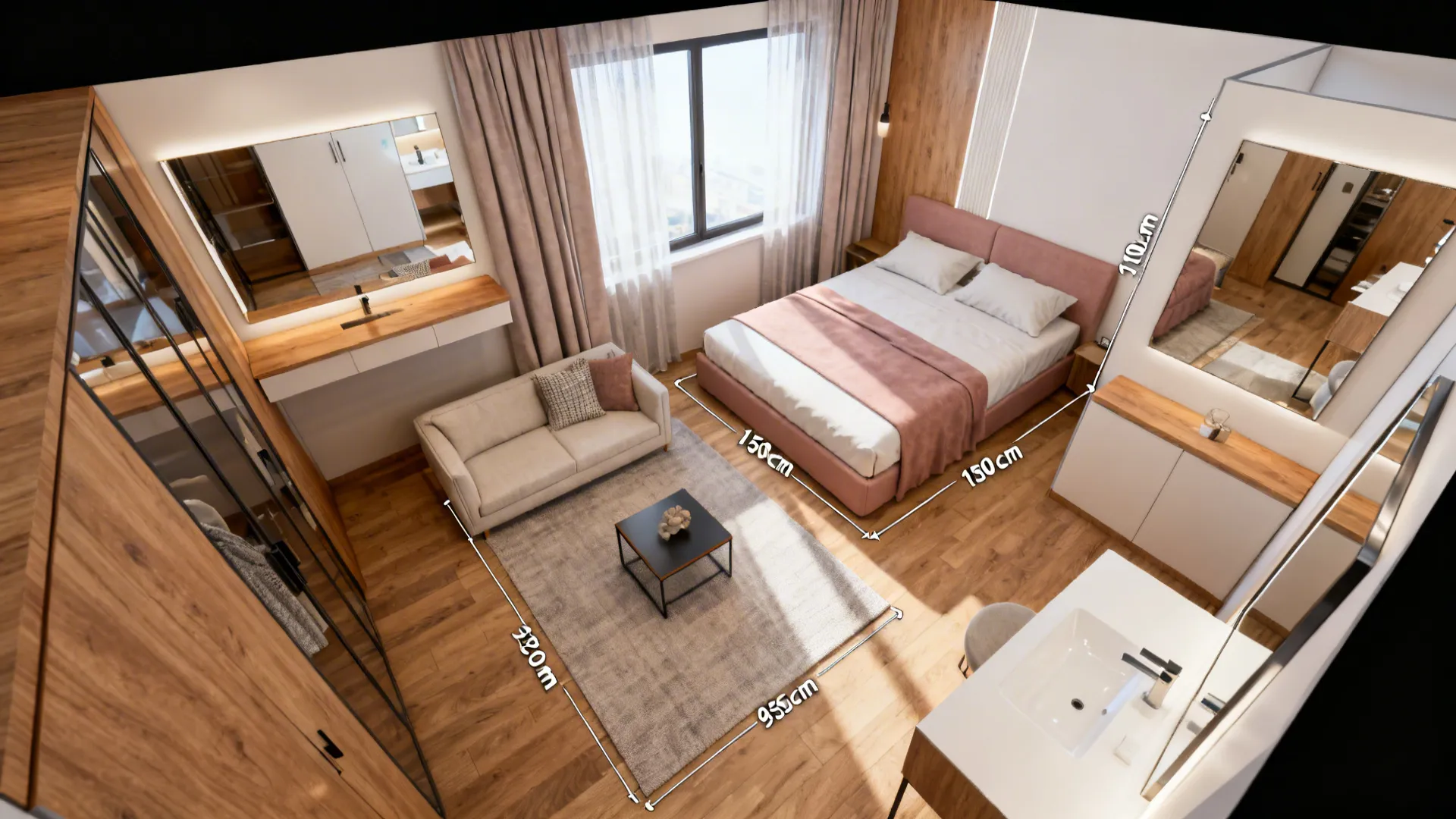 Top view of a bedroom layout with a pink bed sofa rug and room dimensions labeled