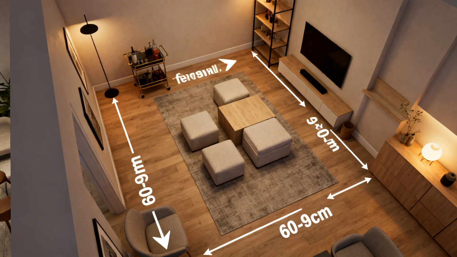 Top-down room plan with a seating island, a standing bar zone, and clear 60–90 cm pathways.
