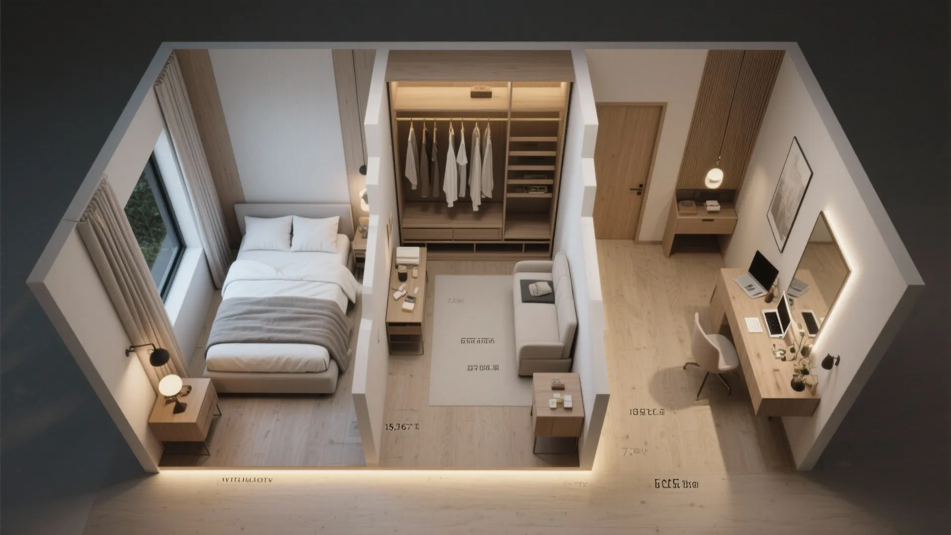 3. Zoned Layout: Sleep, Dressing, and Work