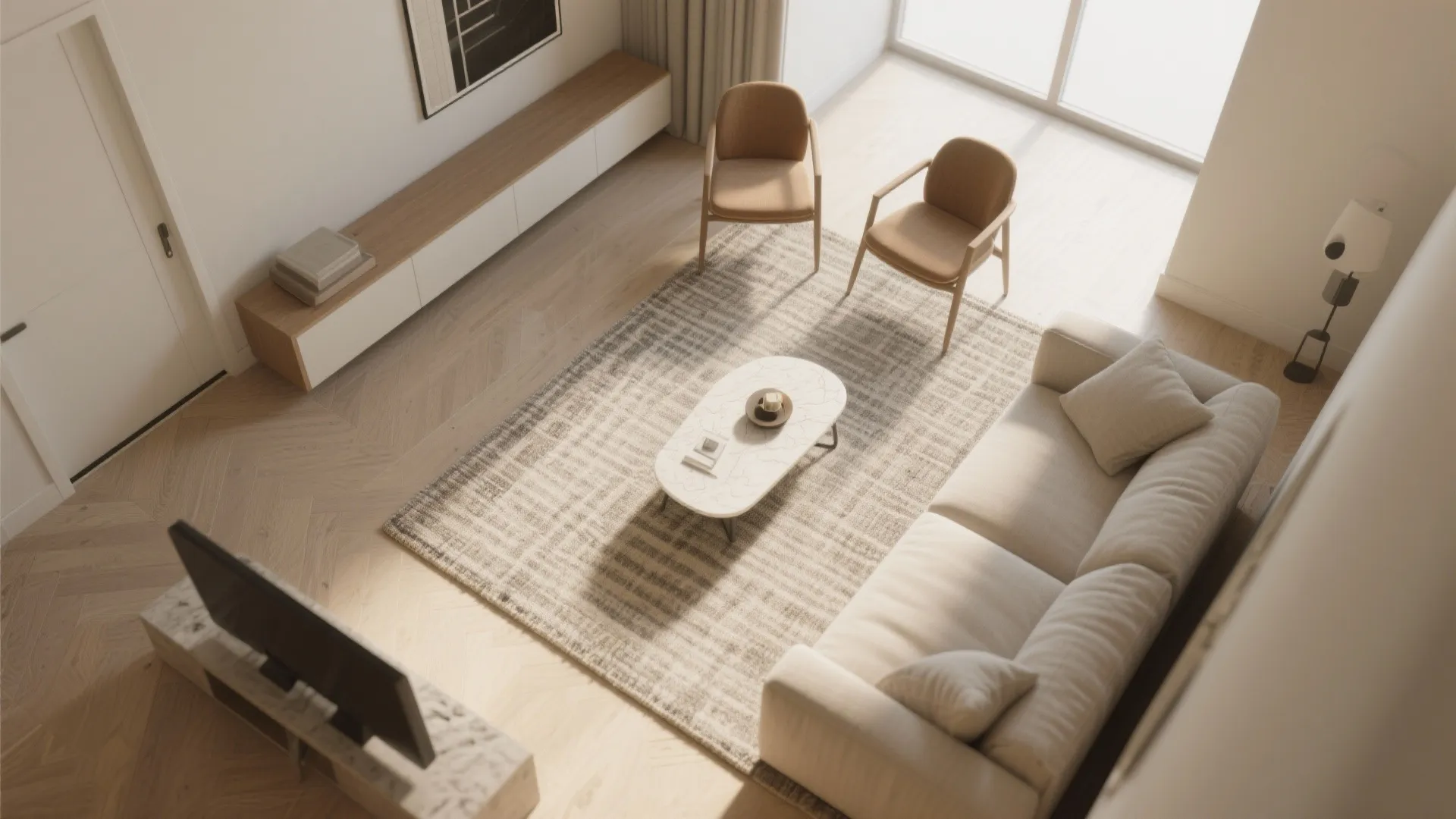 Modern living room top view with white sofa oval coffee table two chairs and wood floor