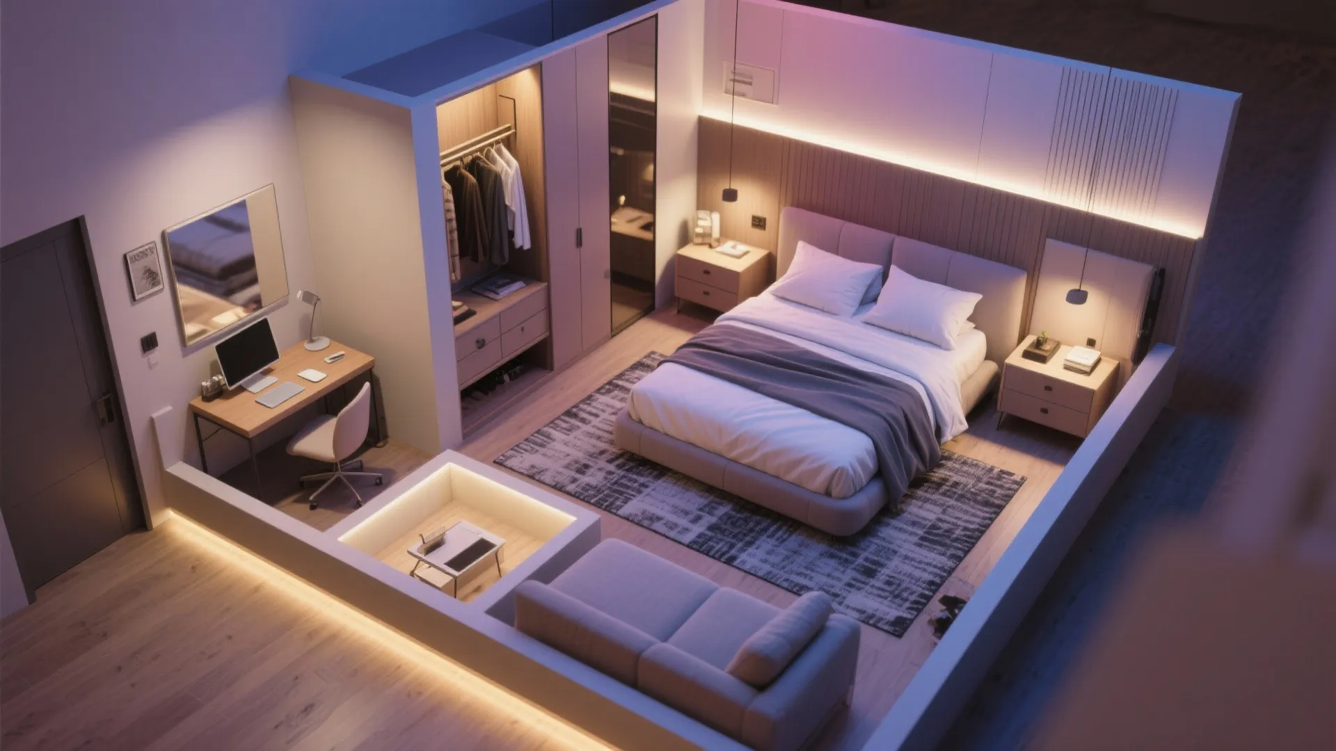 Interior design drawing of a studio apartment with bed, sofa, desk, and a walk-in closet