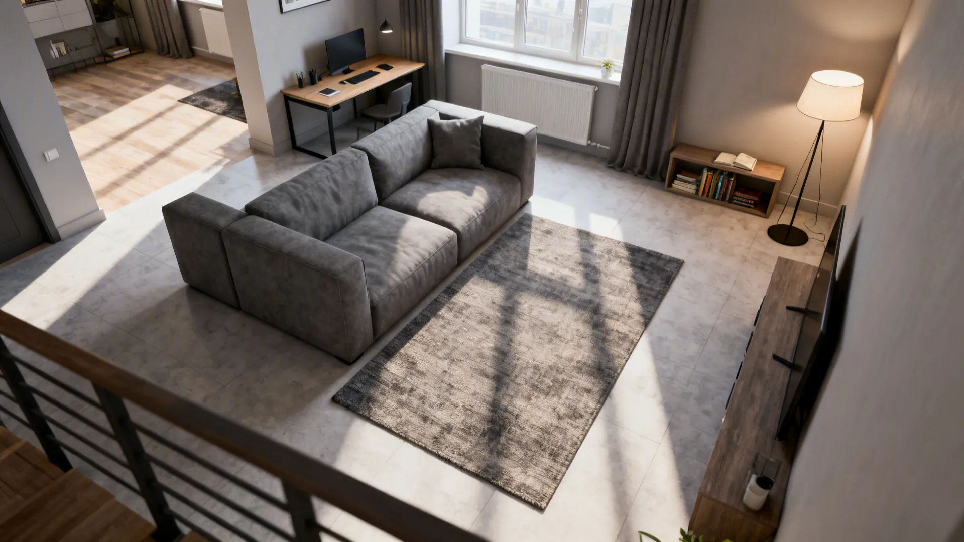 Top-down view of a small living room with a grey sofa dividing seating and workspace zones.