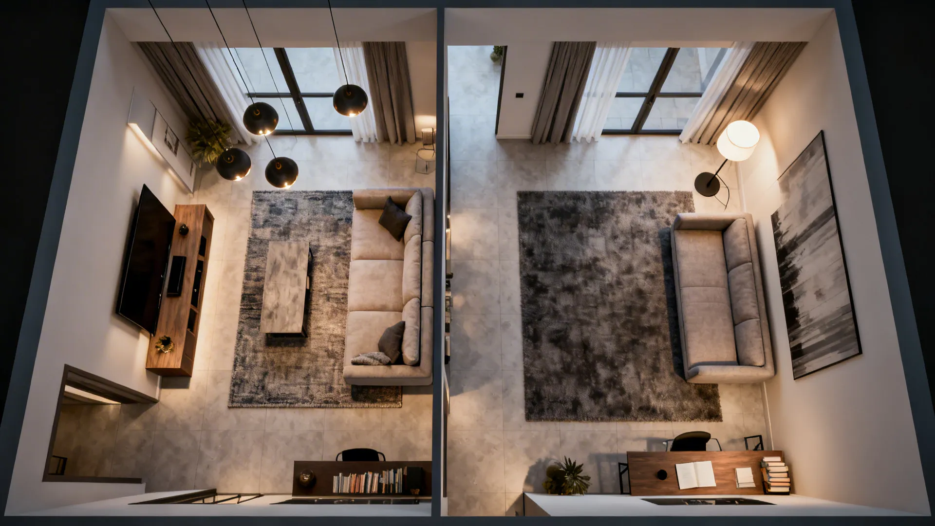 Top-down view of two distinct seating zones separated by rugs and lighting in an open-plan living space.