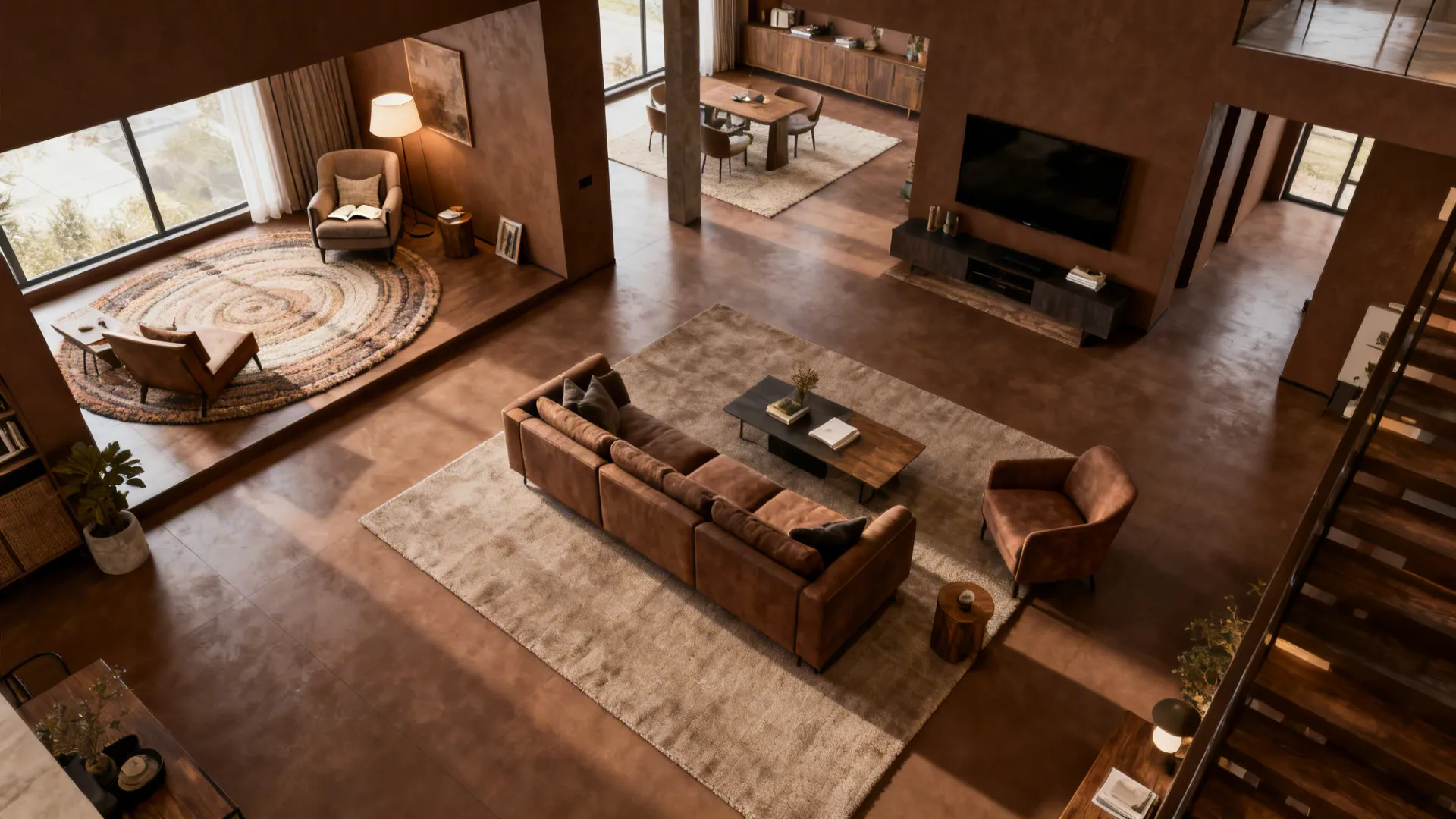 Top-down view of a brown living room with rugs and furniture creating defined zones