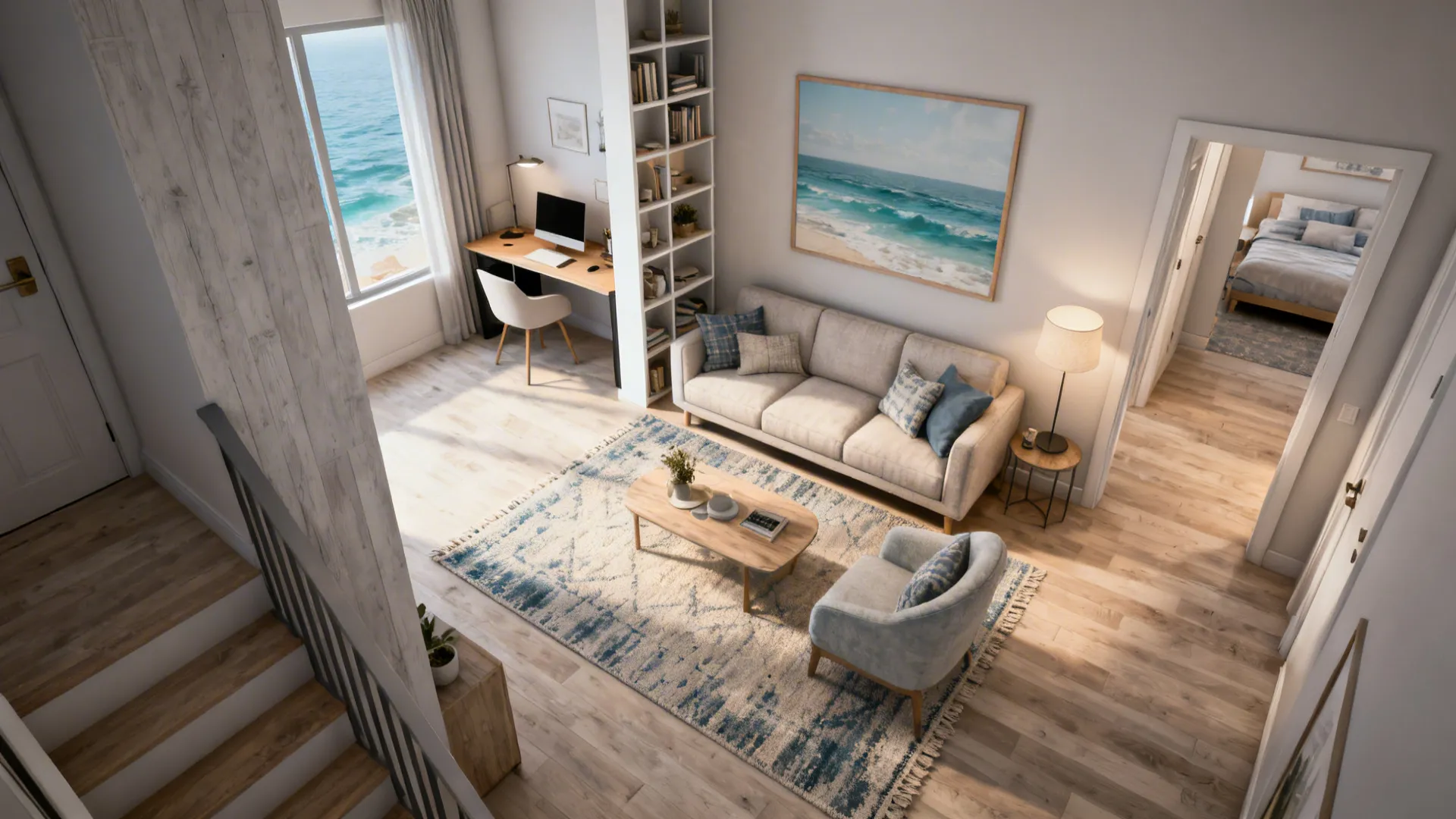 Top-down view of a zoned small living room with rug area and sofa-back shelving dividing a workspace