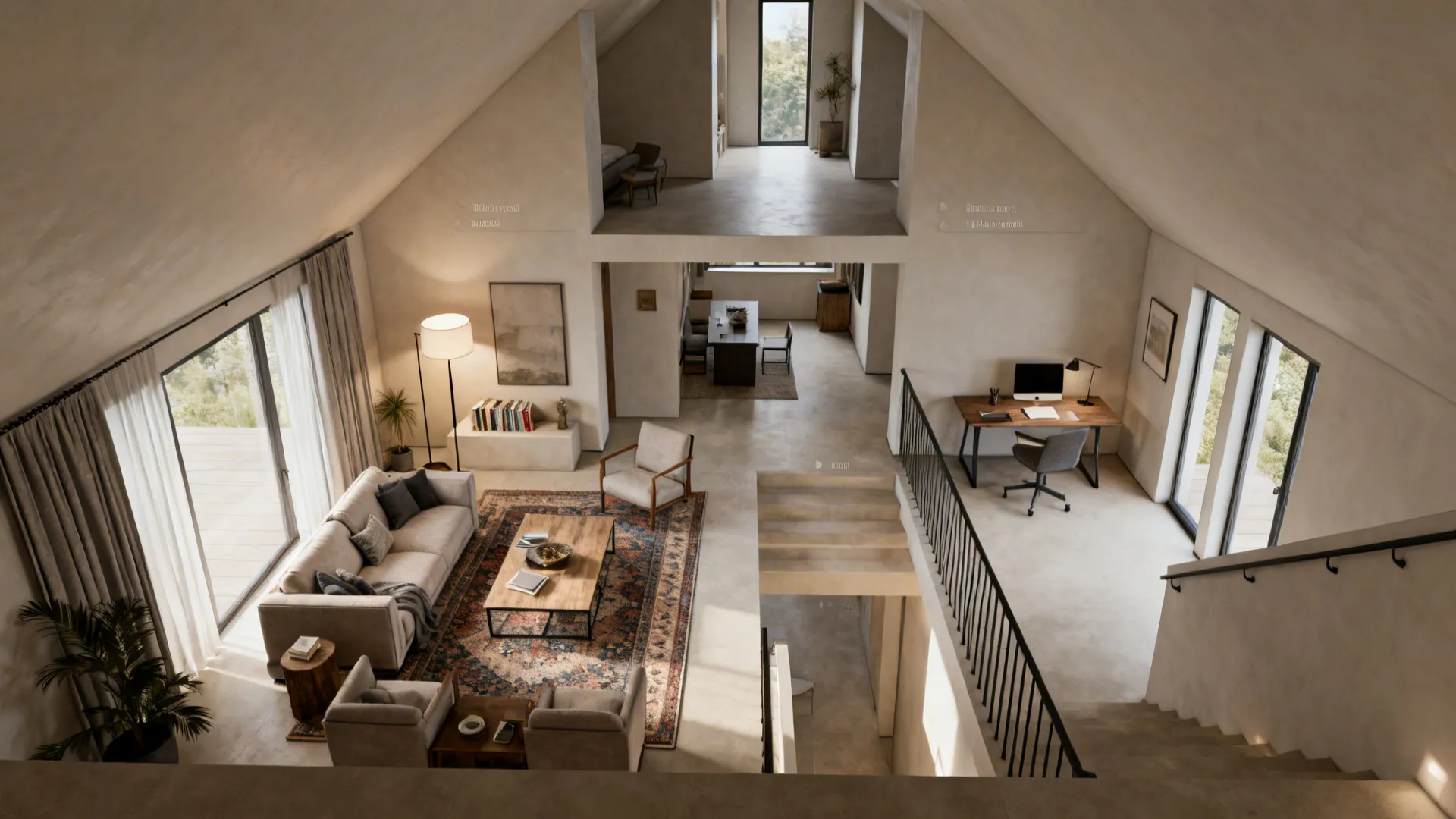 Top-down view of vaulted living room with defined seating, reading nook and workspace zones