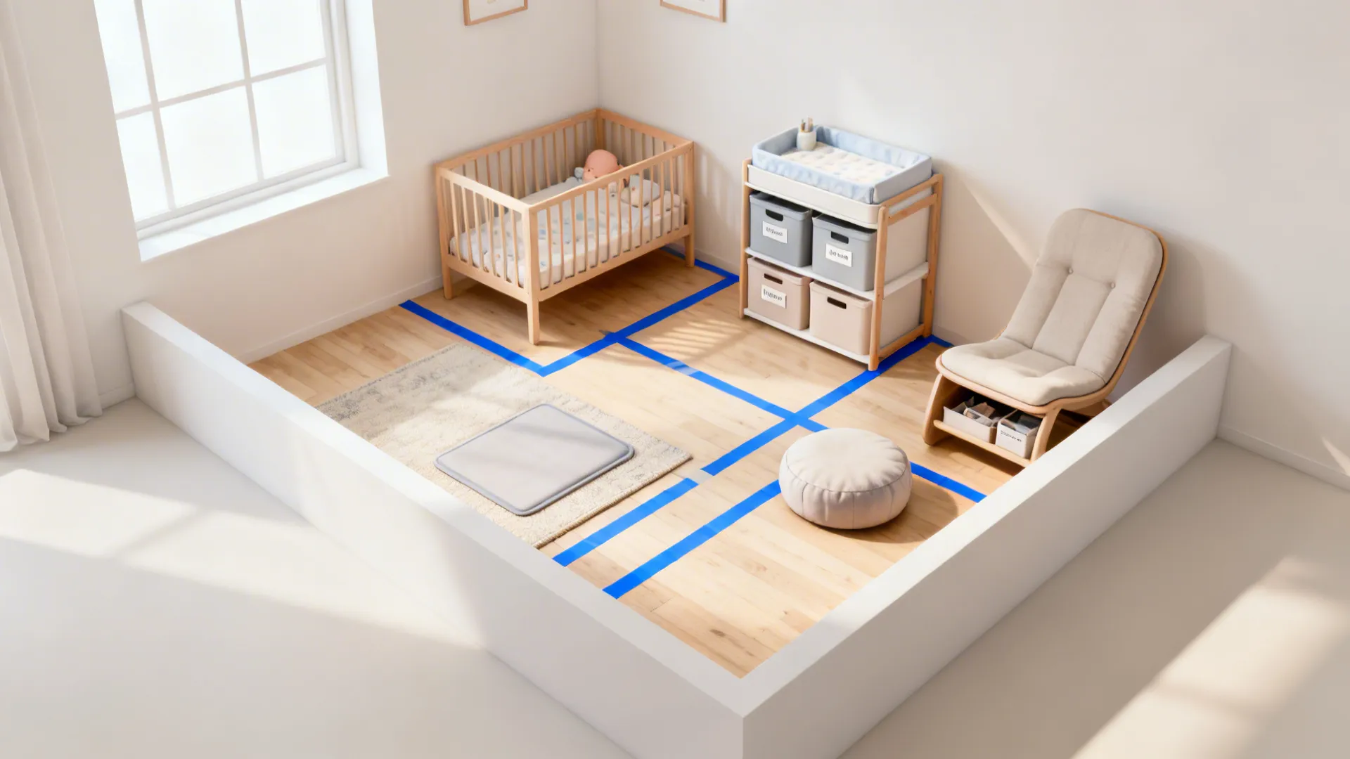 Top-down view of a small nursery mapped into sleep, change, and soothe zones with clear paths.