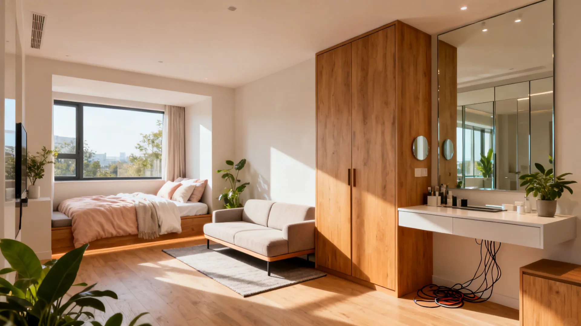 Modern bedroom with a bed by the window wooden wardrobe small sofa and white desk