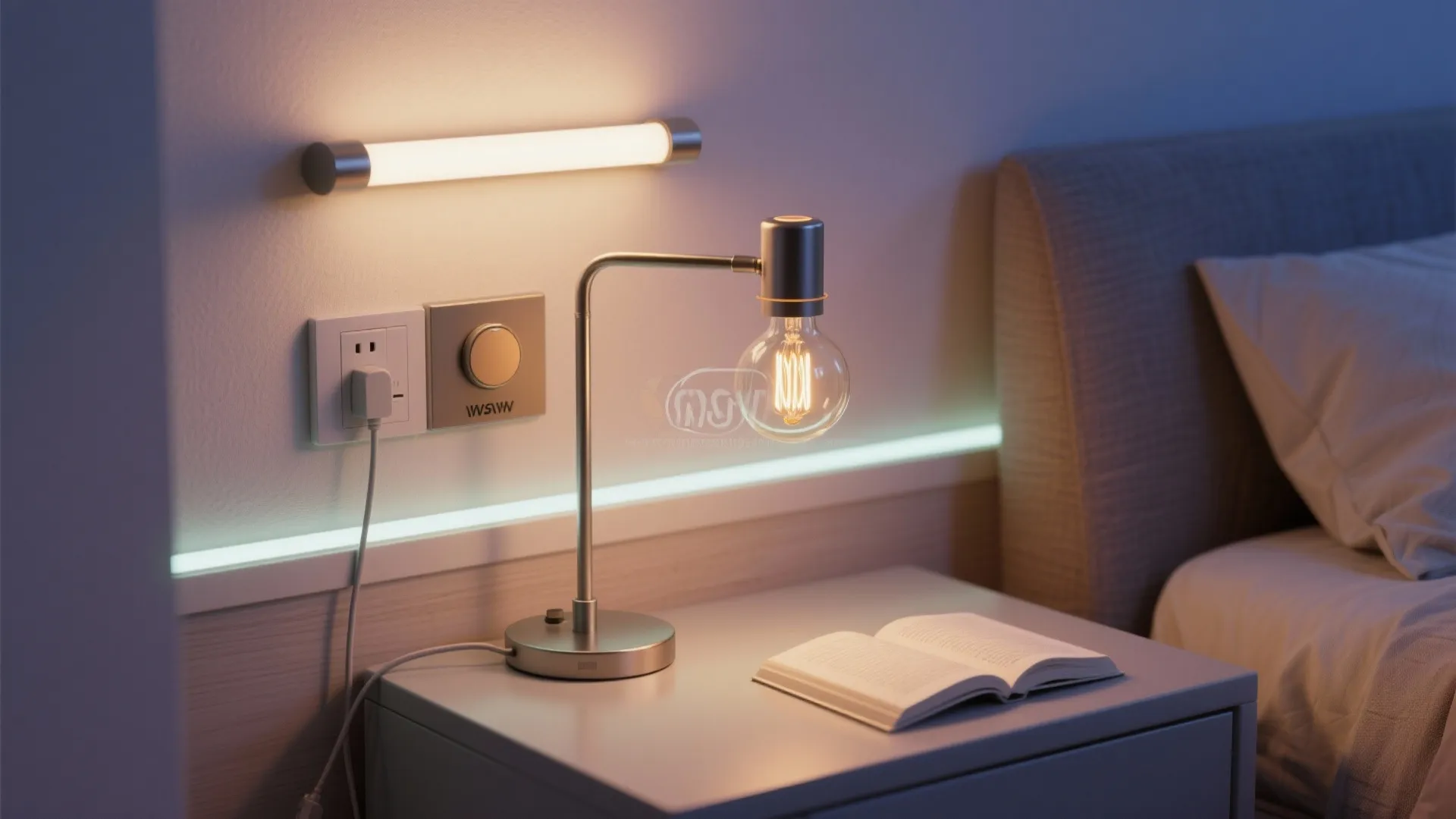Close up of bedside table with desk lamp wall light socket and an open book reading