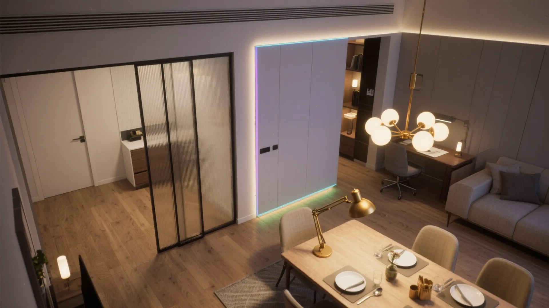 3. Zoned lighting and sliding partitions