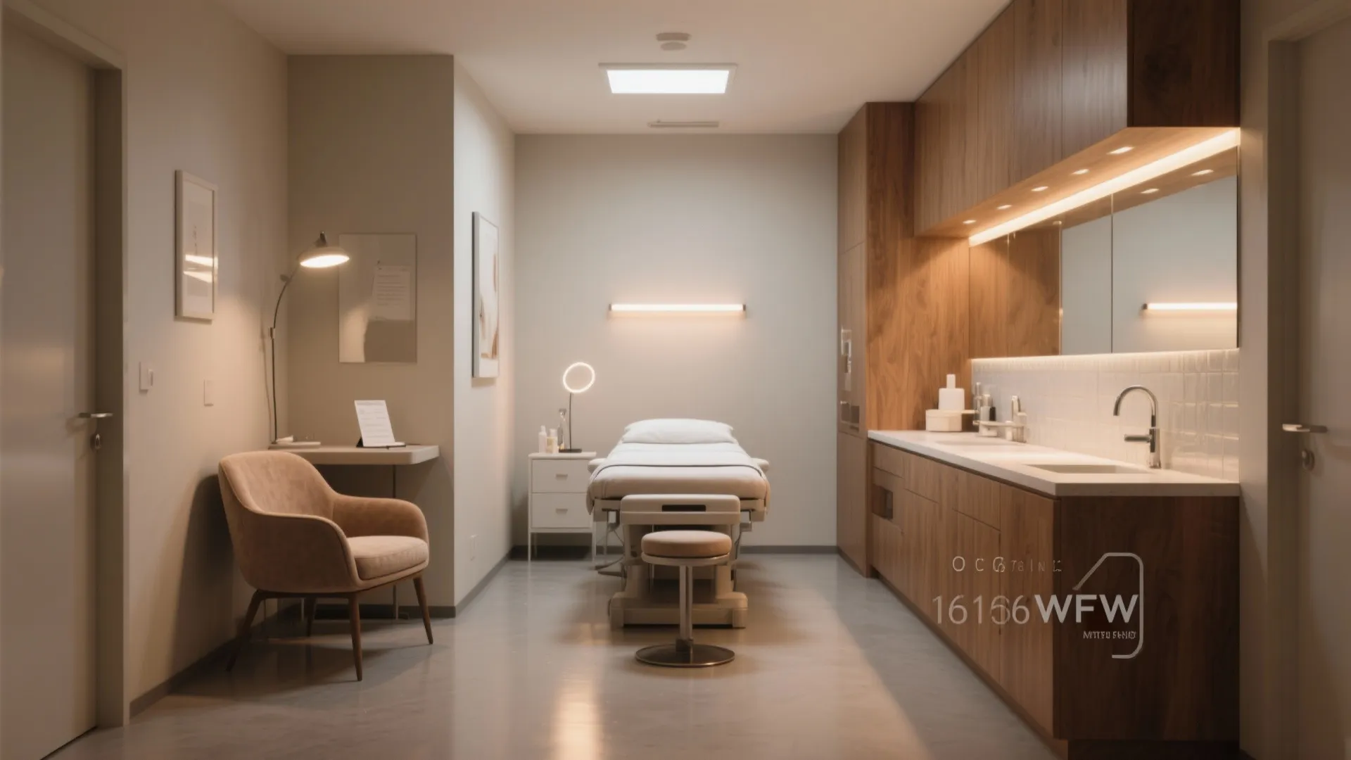 Clinic interior design with warm light fixtures over a treatment bed and wood wall cabinet