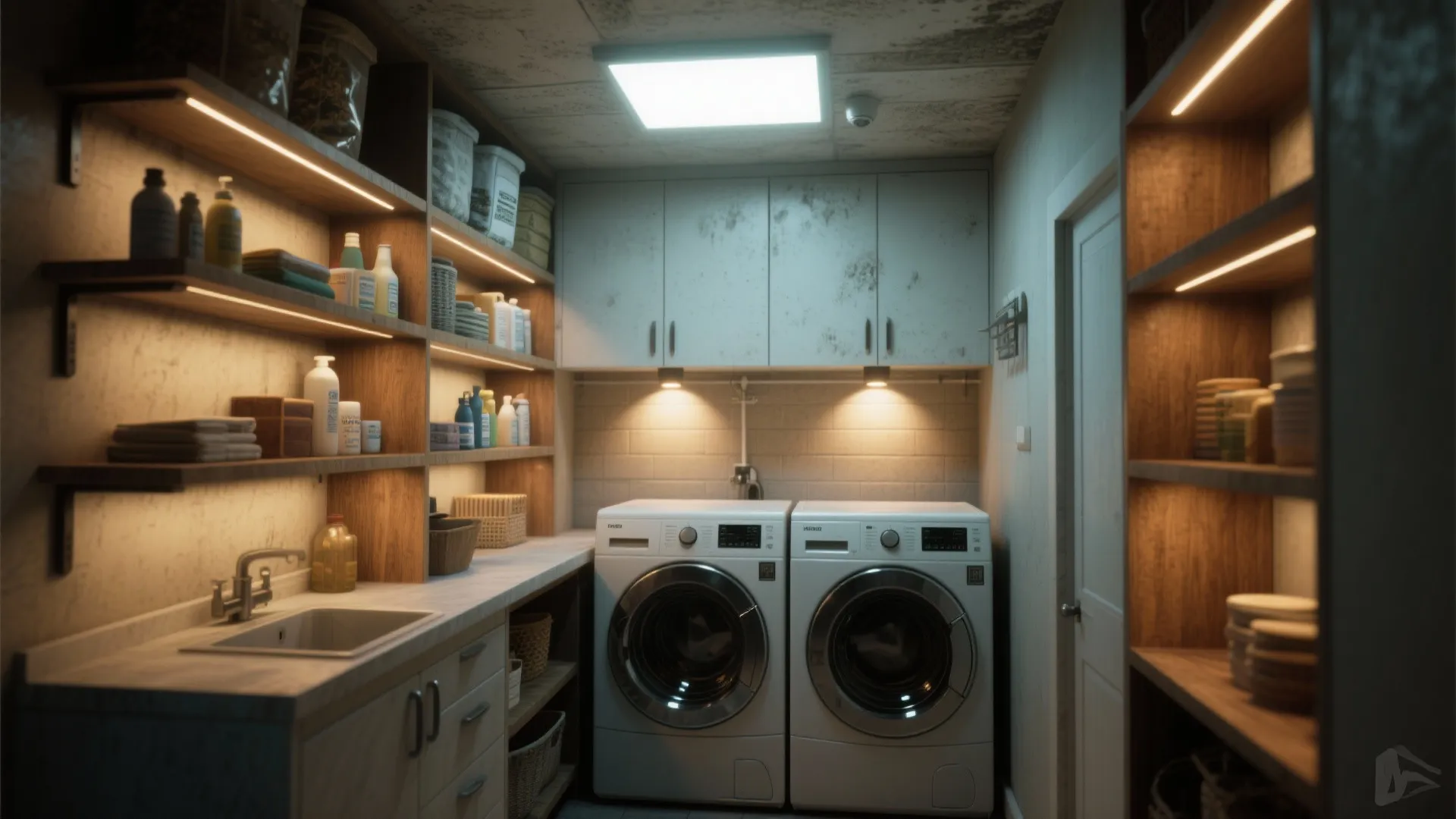 Modern laundry room with two white washing machines wooden shelves warm lighting and white sink