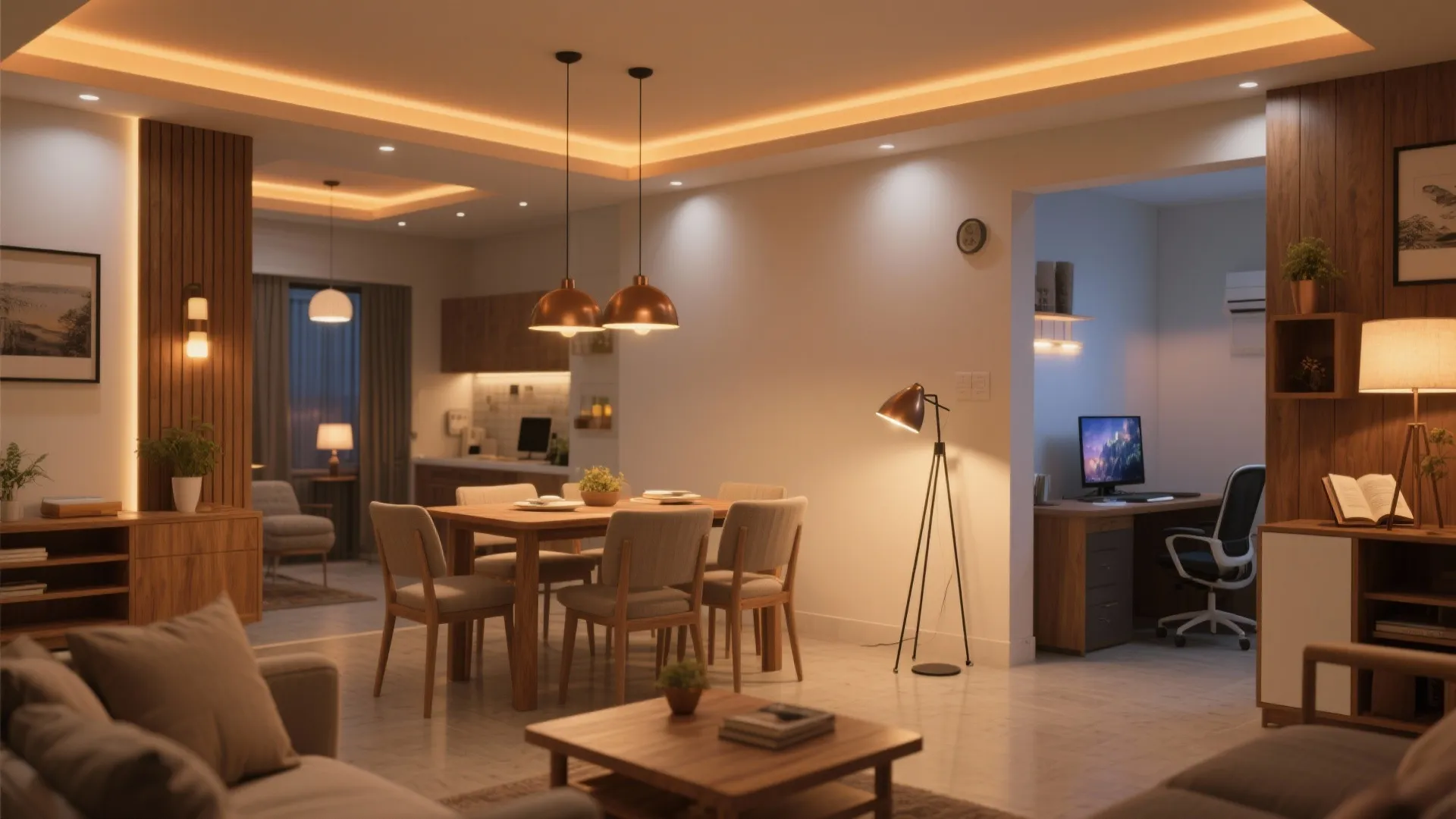 Zoned lighting for an open living-dining flow