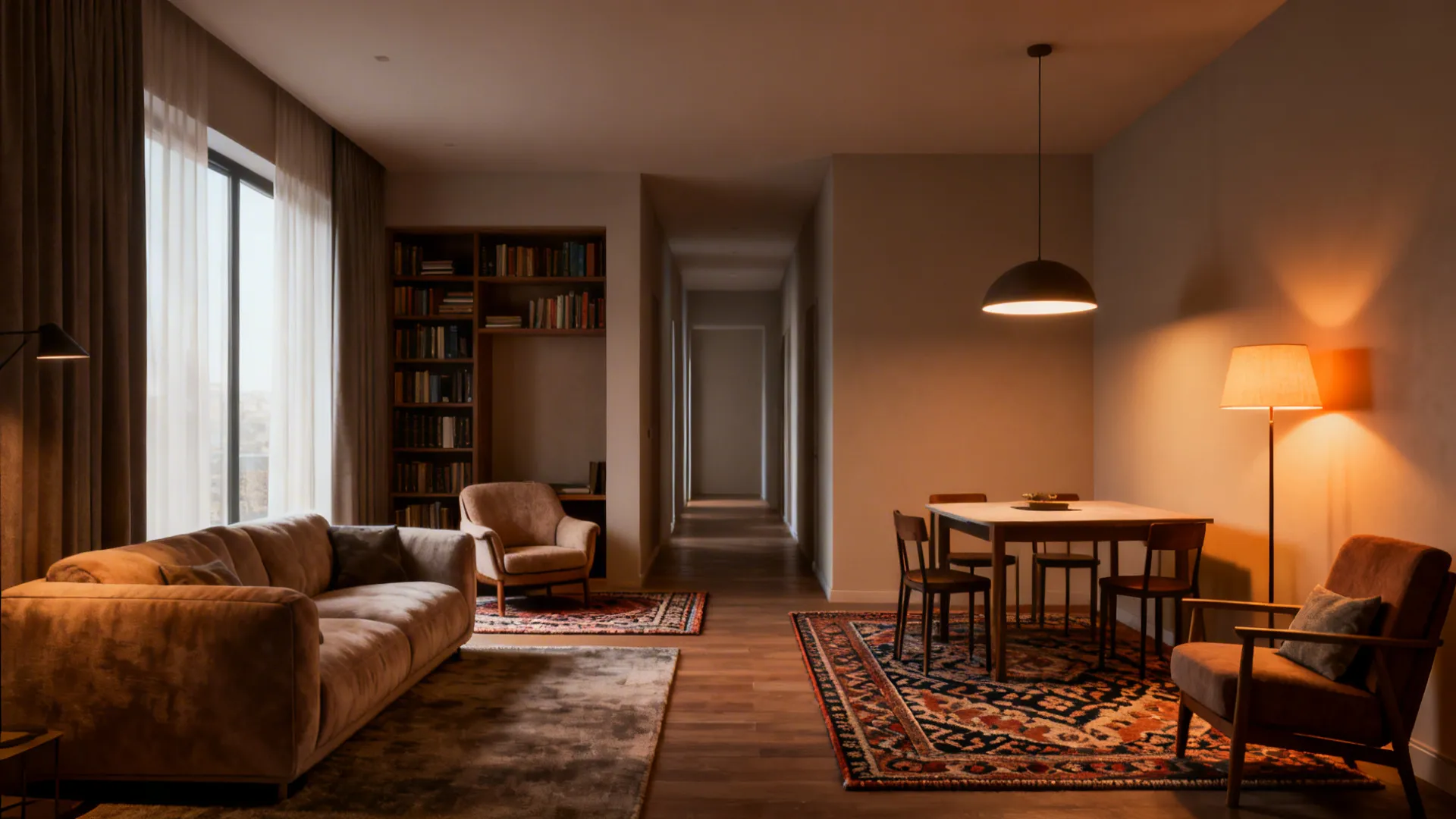 Long narrow living room with rugs and layered lighting defining seating, reading, and dining zones