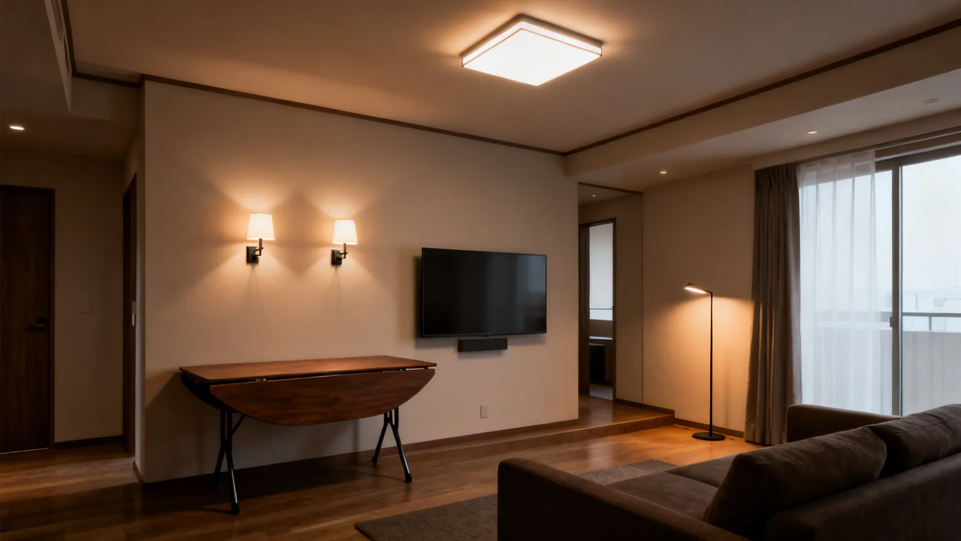 Living room at night featuring television, wooden folding table, two wall lights, and floor lamp