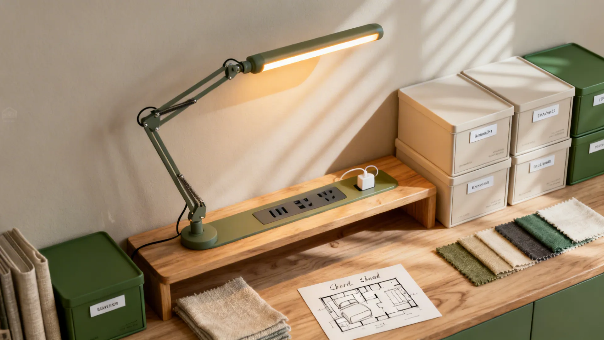 Flatlay of bedside lamps, labeled storage boxes, and USB-equipped shelf for a shared bedroom.