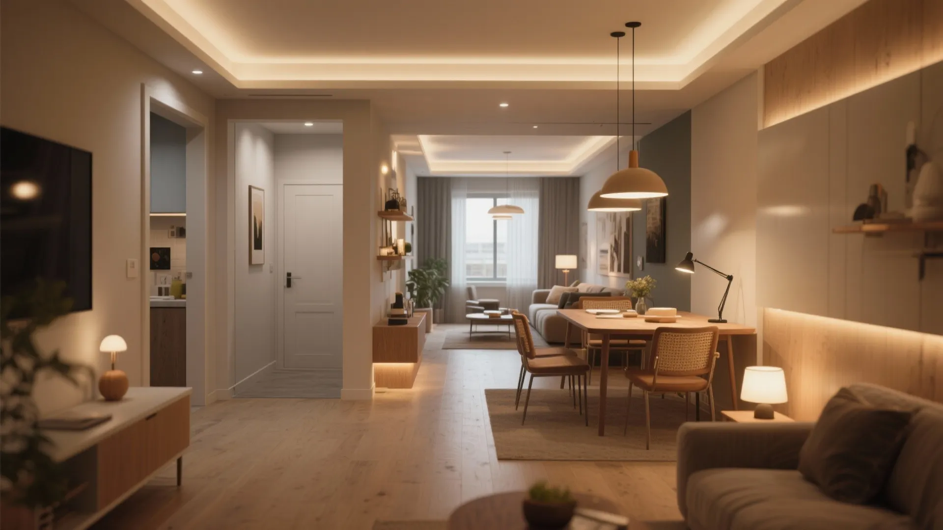 3. Corridor-free layout with zoned lighting