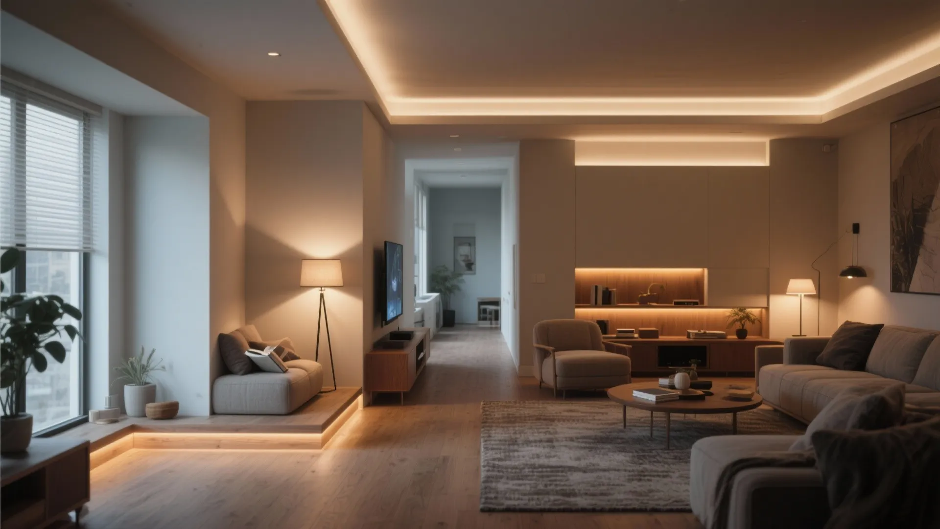 Modern warm living room with hidden ceiling lights wooden floors grey sofa and multiple floor lamps