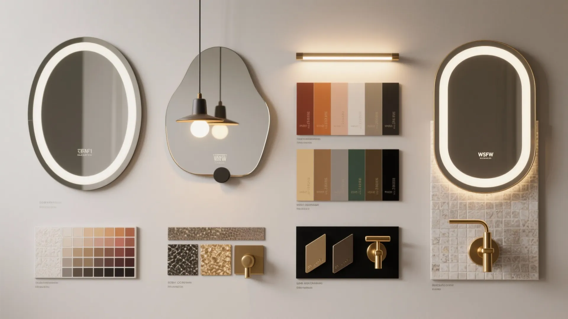 Material flatlay showing four lighting and mirror zone samples for defining user areas in a bathroom.