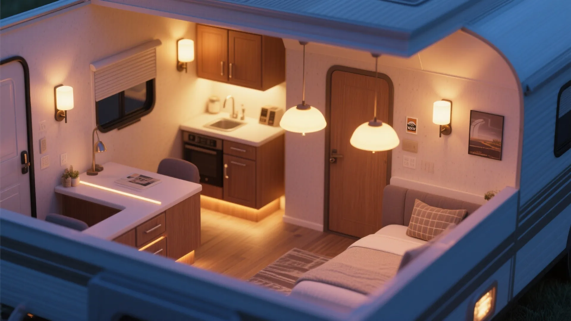 Compact mobile home interior with kitchen cabinets small desk bed and warm yellow wall lights