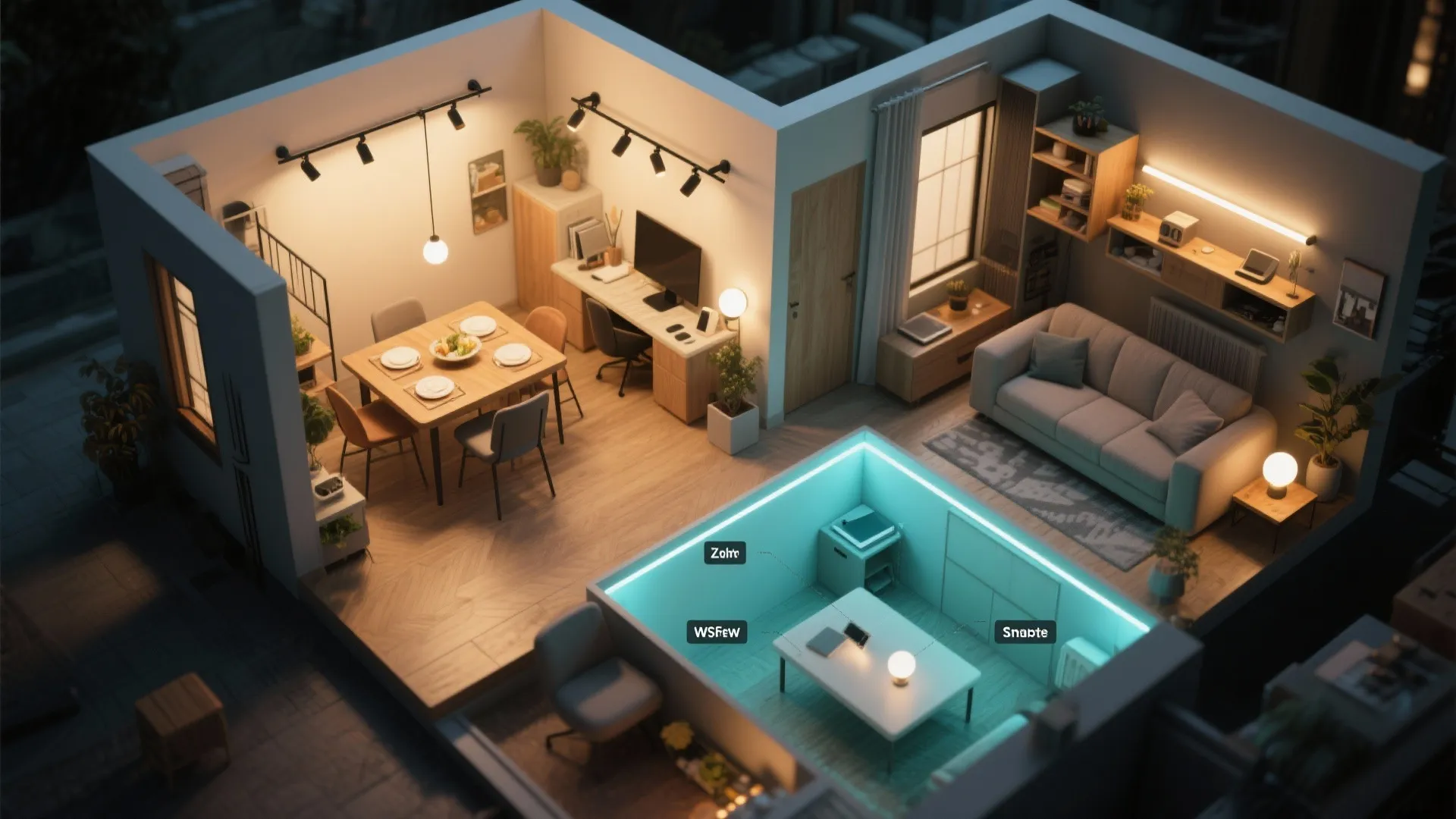 Interior design drawing of a small apartment with dining area office space and living room