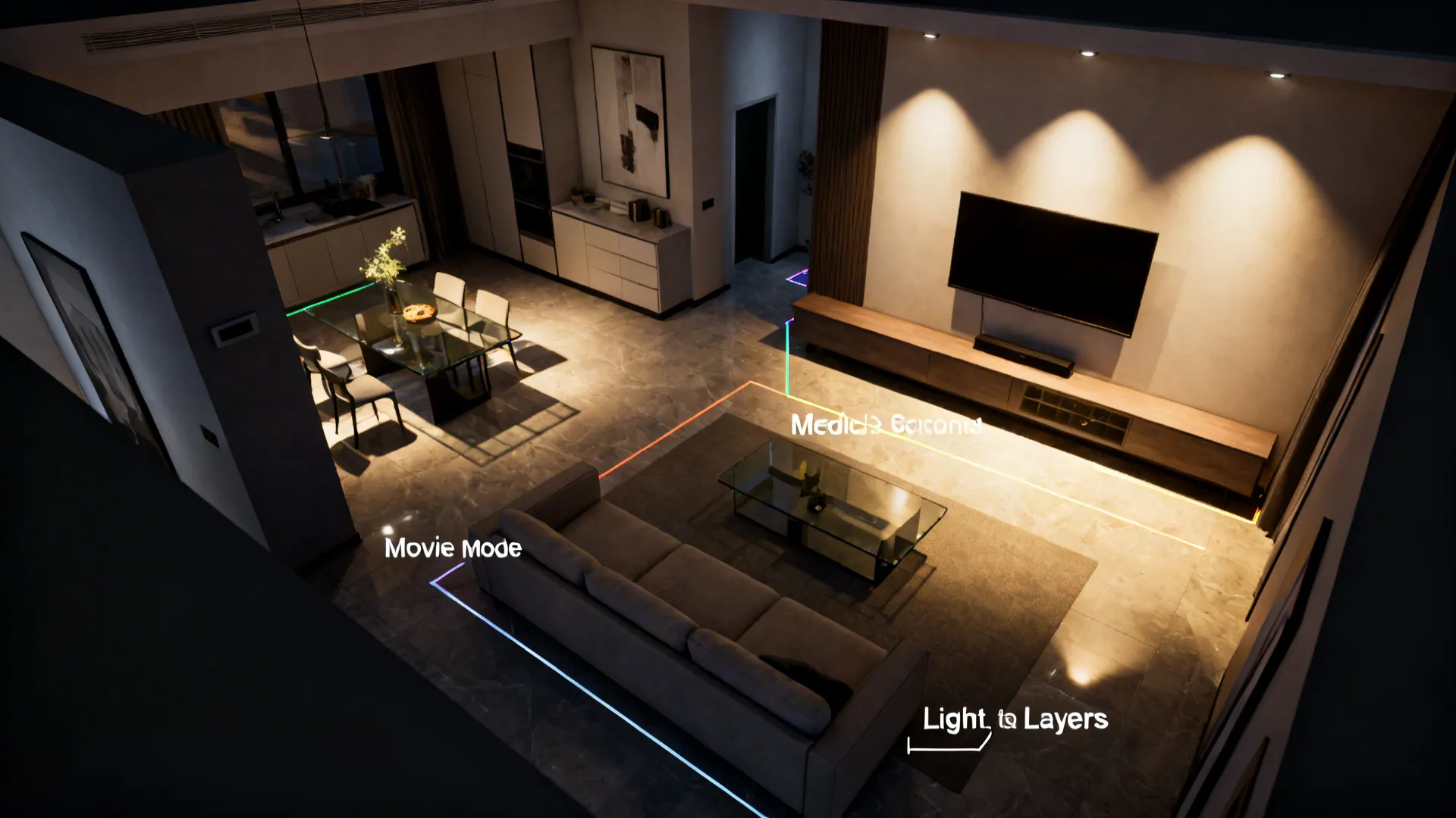 Top-down plan view showing zoned recessed lighting with separate circuits and dimmer-controlled areas for different modes.
