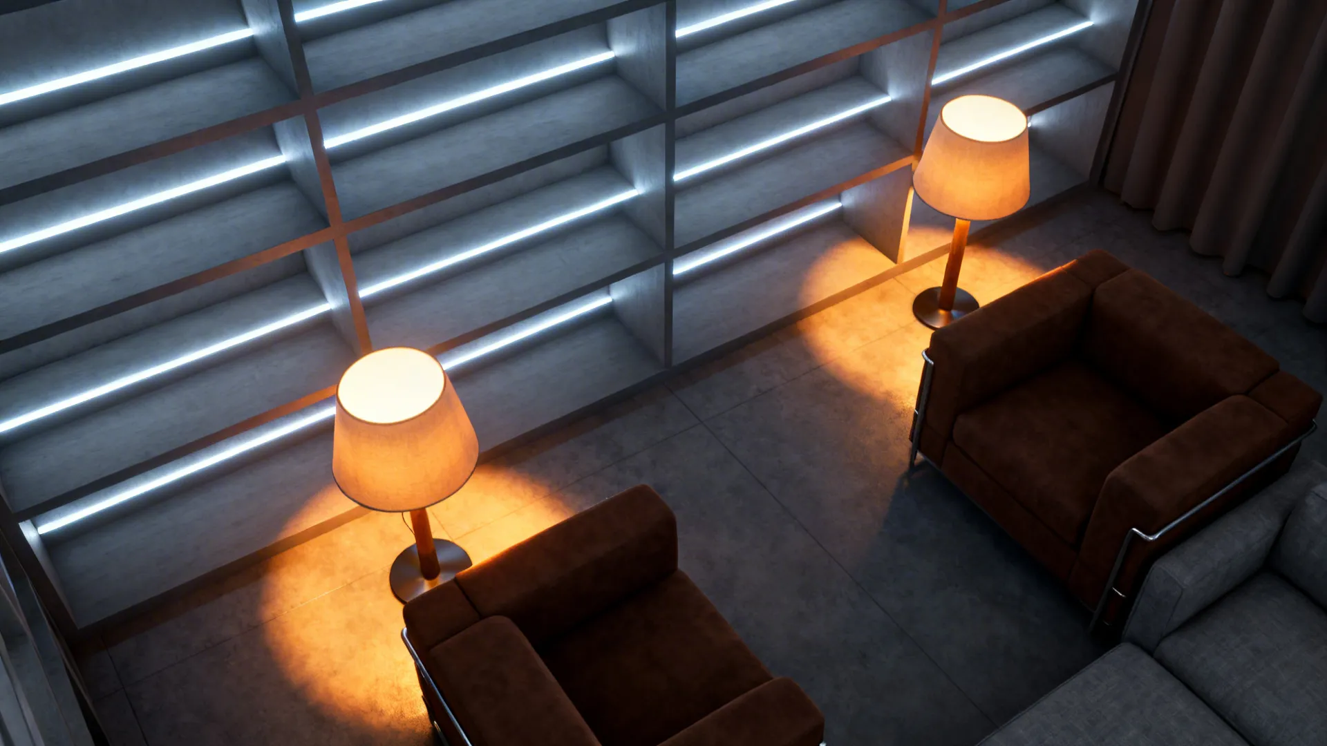 Top-down lighting plan showing warm lamps and cool LED accents in a small living room