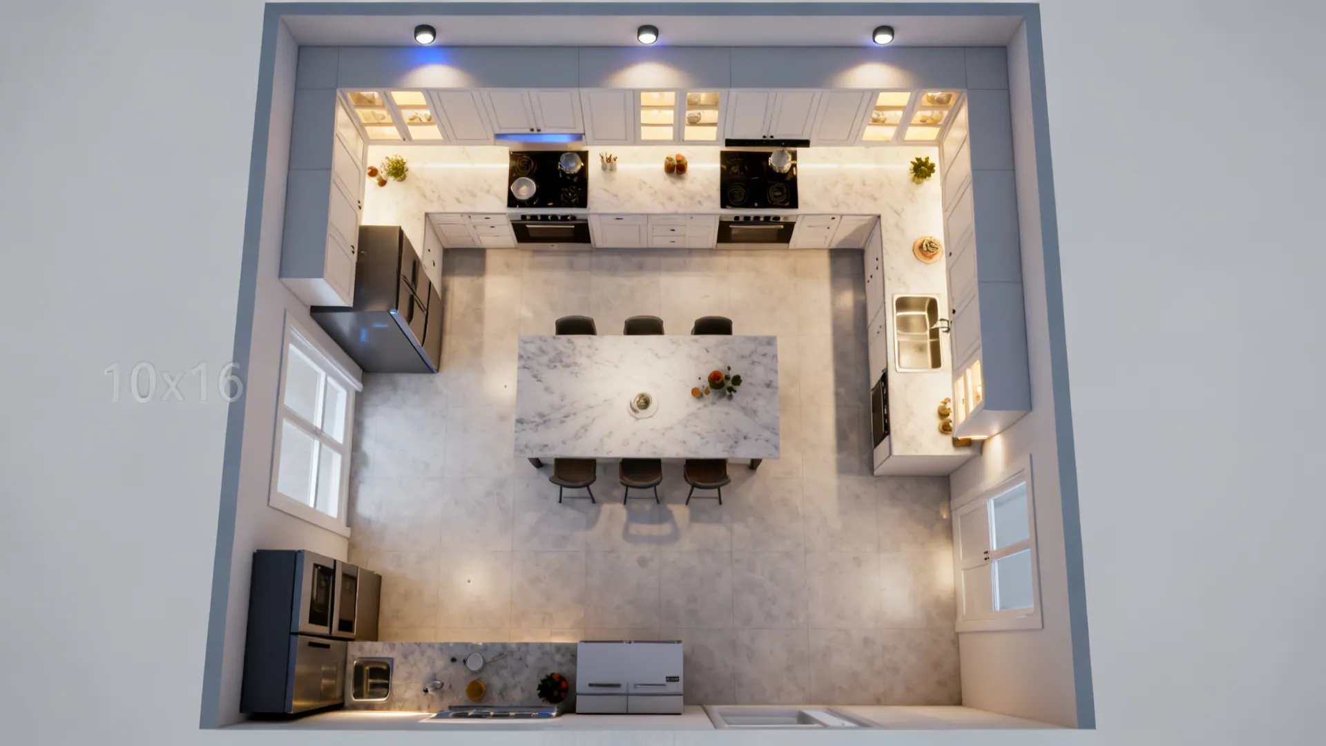 Top-down plan showing task, ambient, and accent lighting zones with quiet appliance placement.