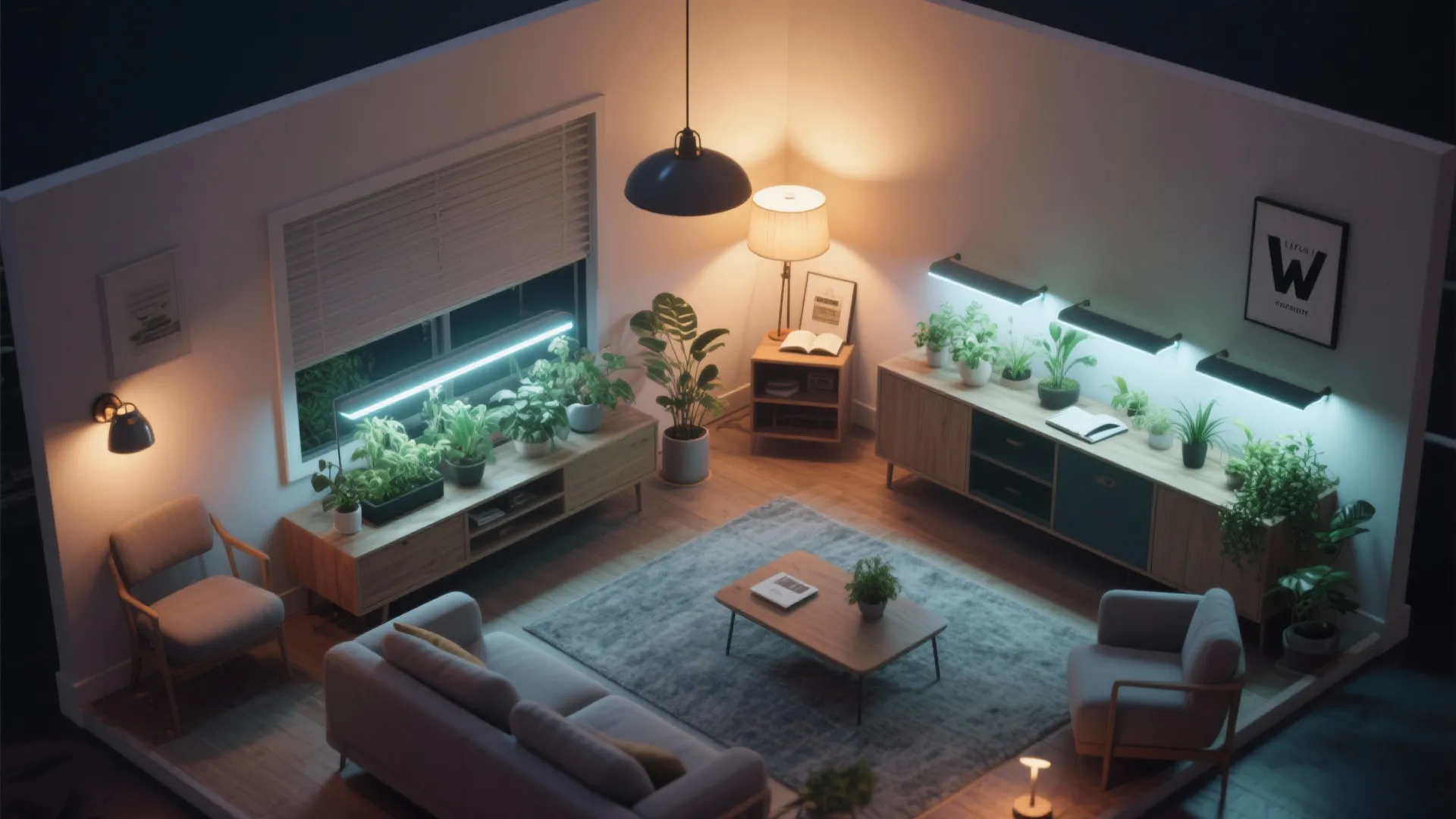 Modern room layout featuring indoor plants under artificial light fixtures with sofa and coffee table