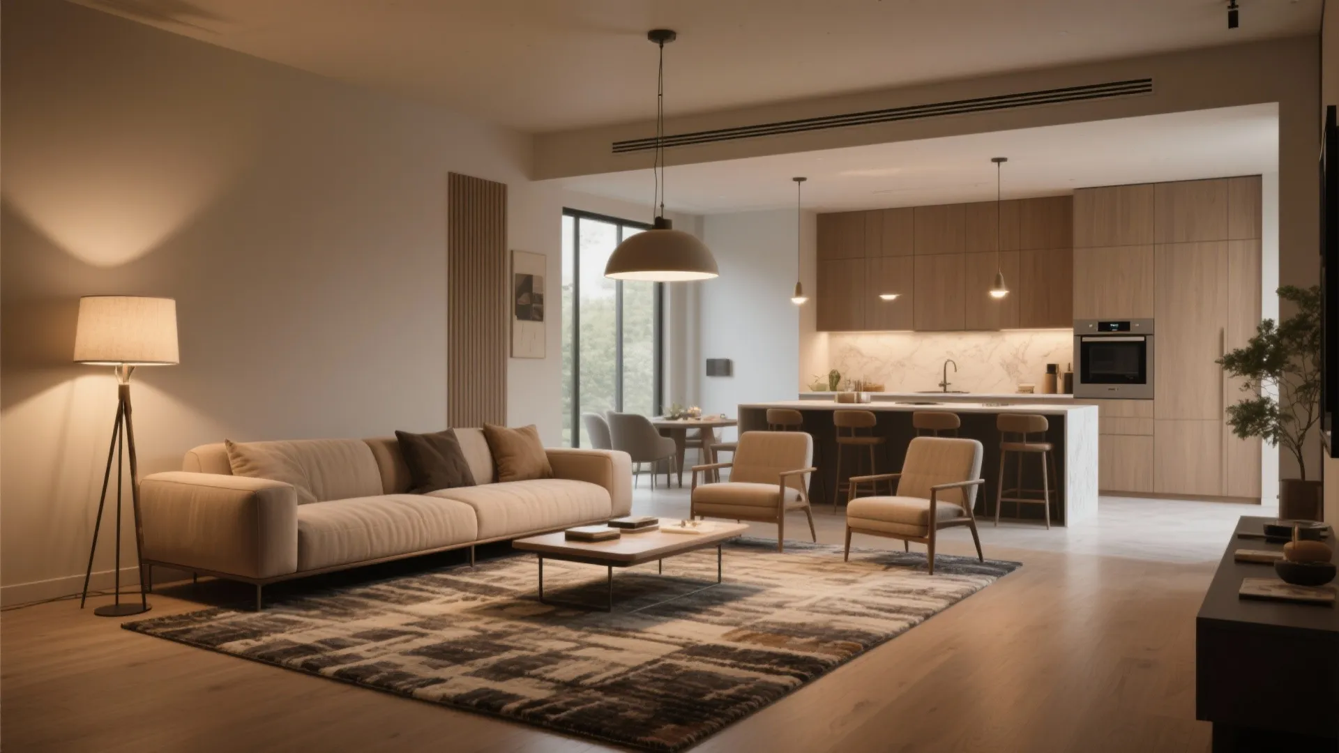 5. Zone with lighting, rugs, and low-profile furniture
