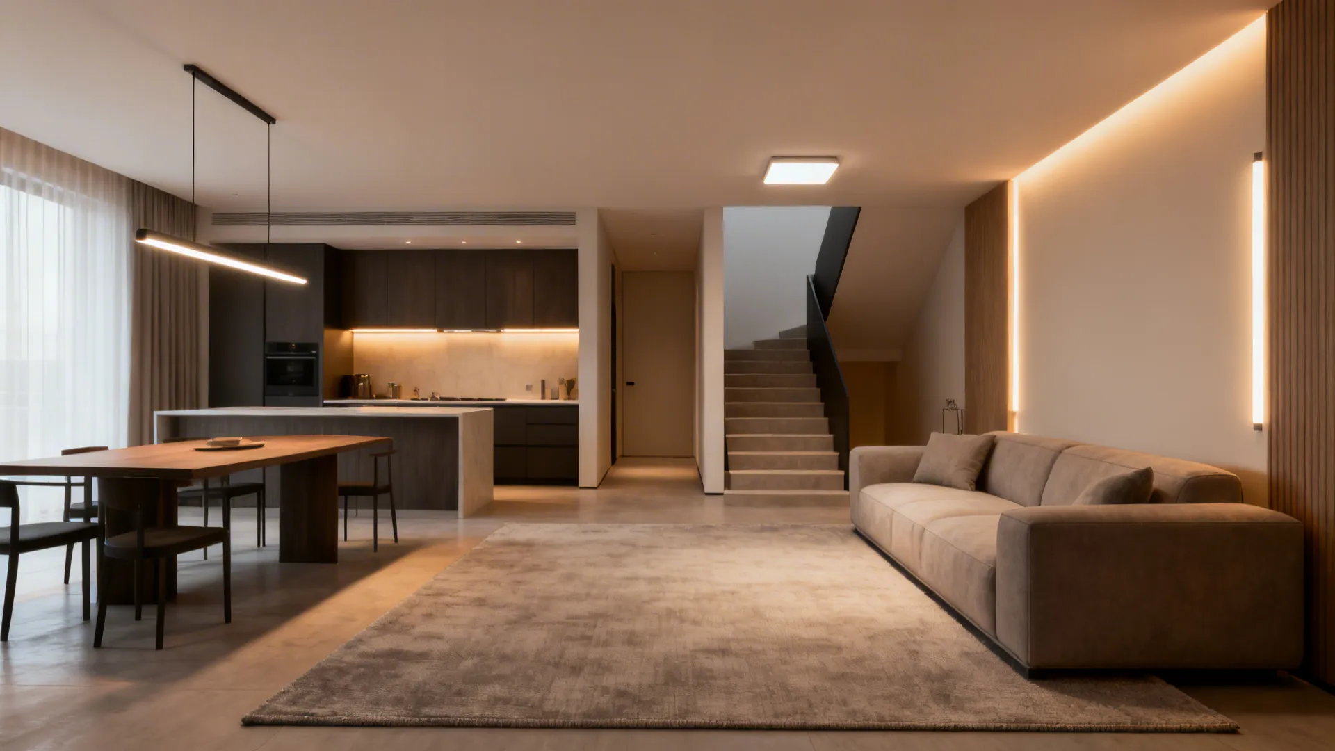 Open-plan space zoned by layered lighting and a large neutral rug near a staircase.