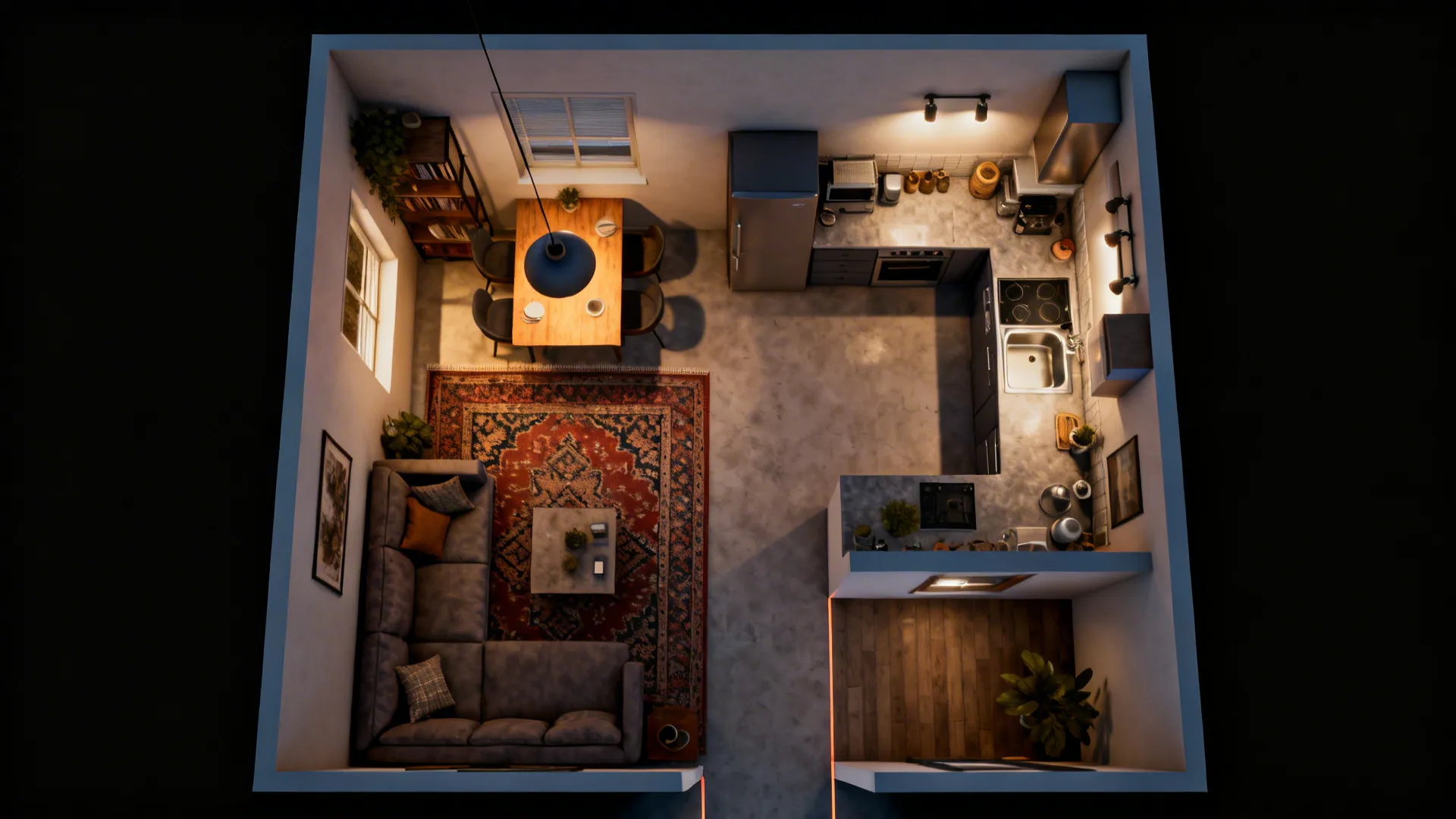 Top-down view showing lighting and rug defining zones in a small combo